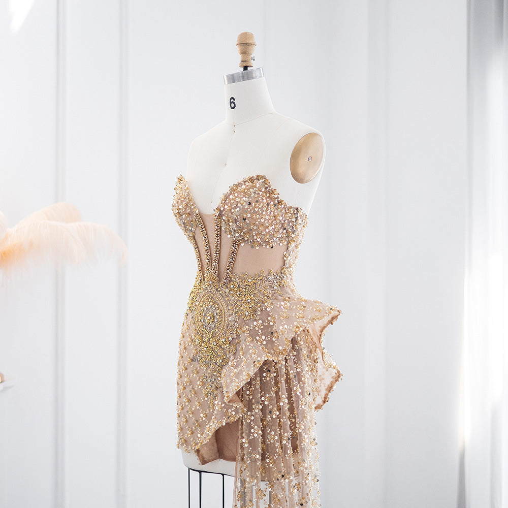 Luxury Champagne Sequin Strapless Short Cocktail Dress RM002