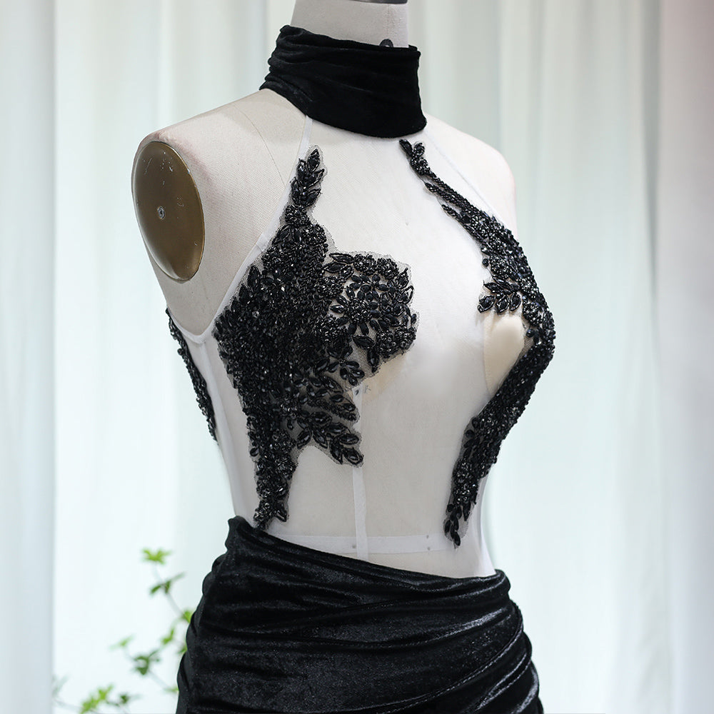 Sexy Halter Beaded Black Short Cocktail Party Dress RM007