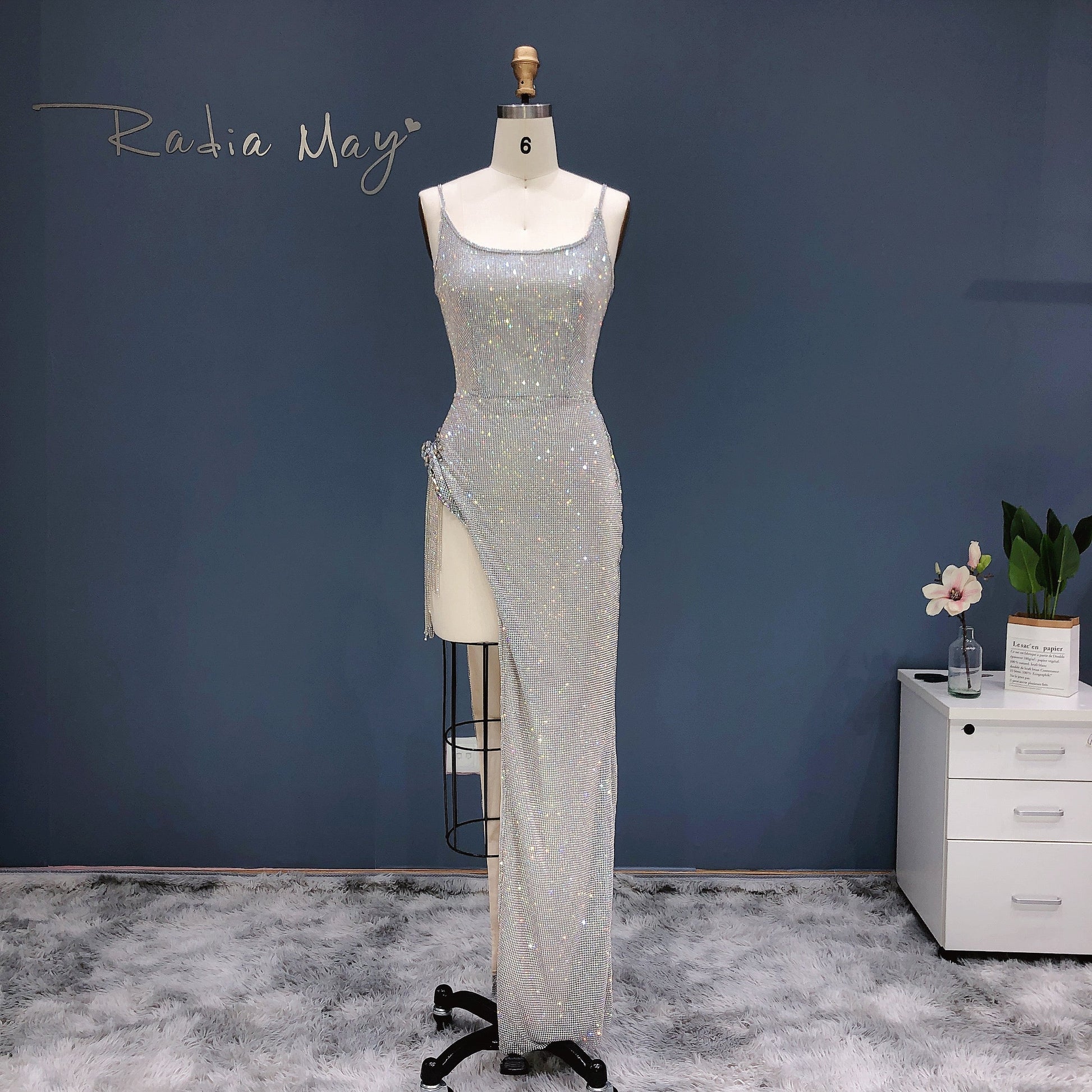 Luxury Crystal Tassels Spaghetti High Slit Cocktail Dress RM019  Silver / US 16