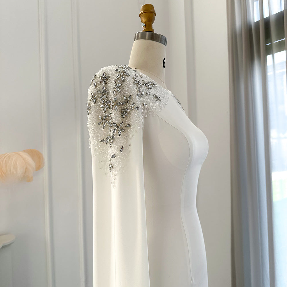 DreamyVow Elegant White Mermaid Dubai Evening Dress for Women Wedding Party Cape Sleeves Muslim Long Formal Dresses 200