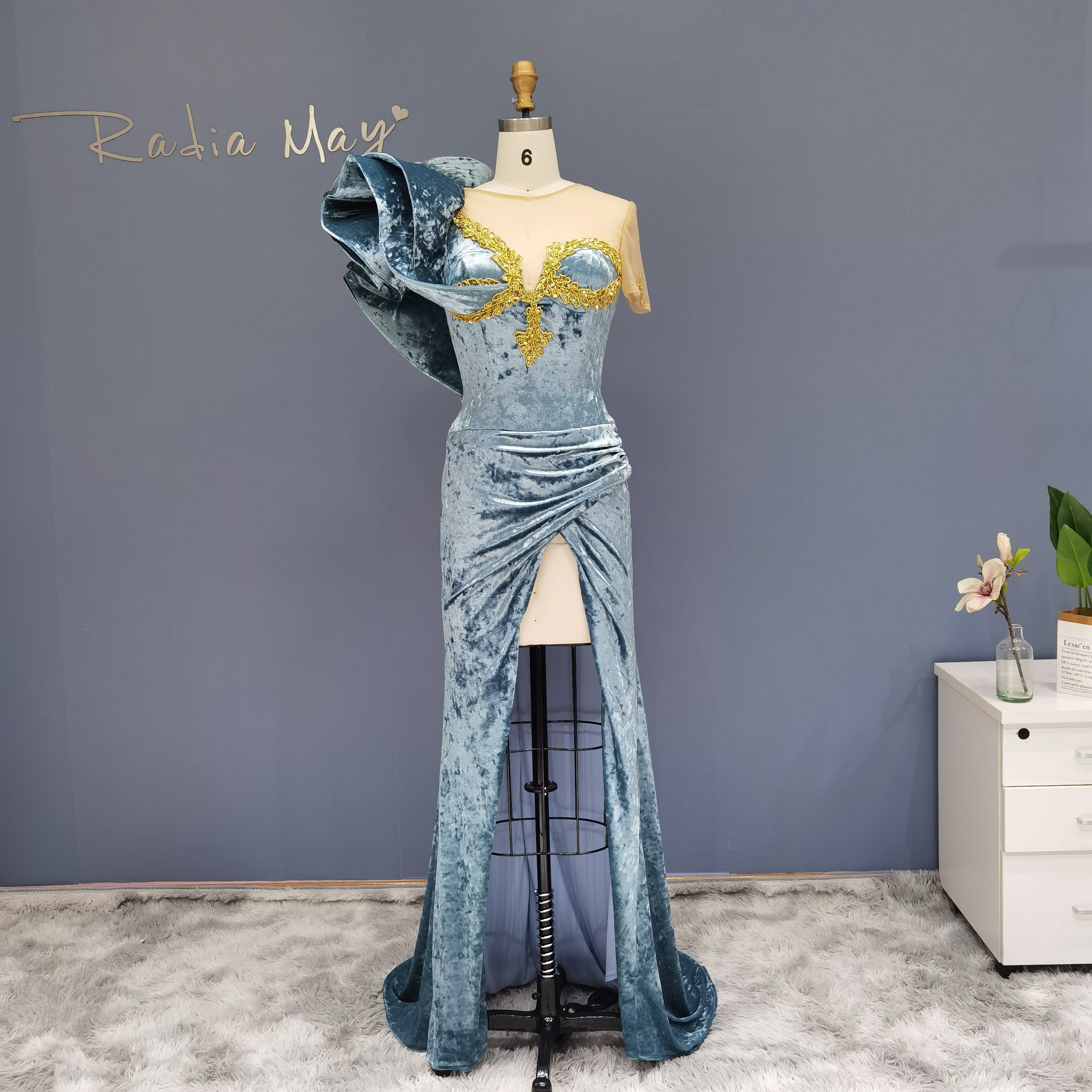Blue High Slit Velvet Mermaid Cocktail Party Dress RM030  Light Blue / US 16