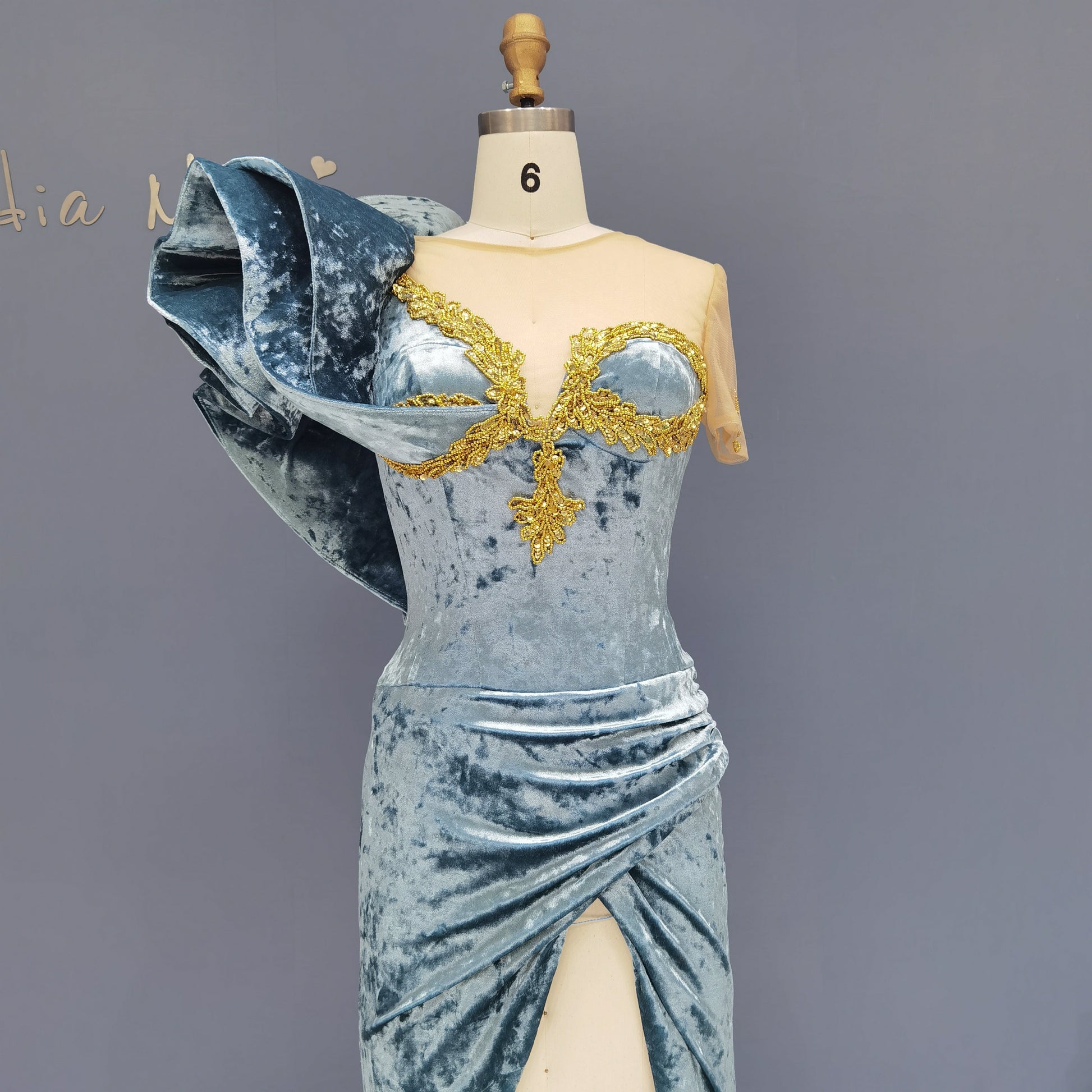 Blue High Slit Velvet Mermaid Cocktail Party Dress RM030