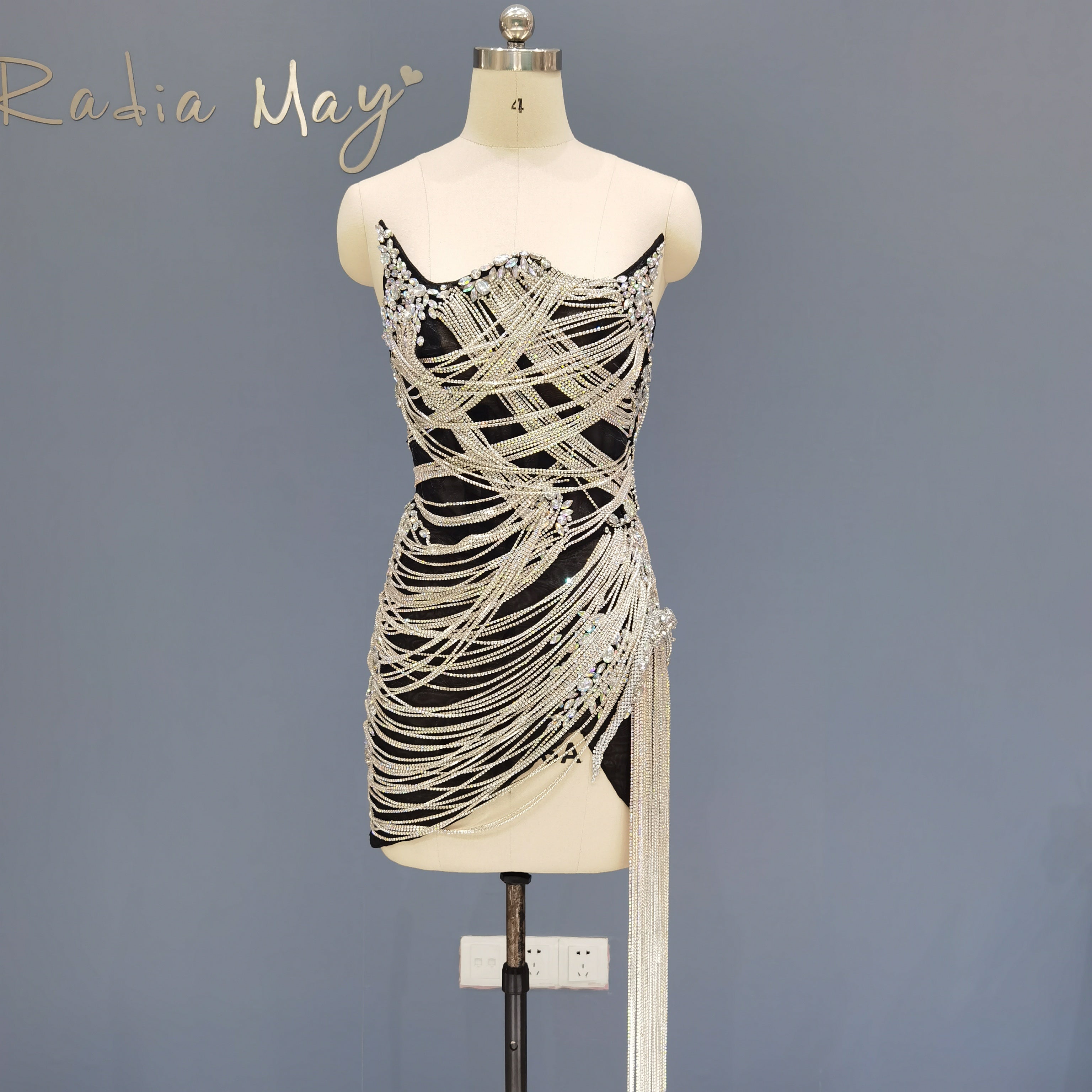 Luxury Crystal Tassels Strapless Short Cocktail Dress RM012  Silver / US 16