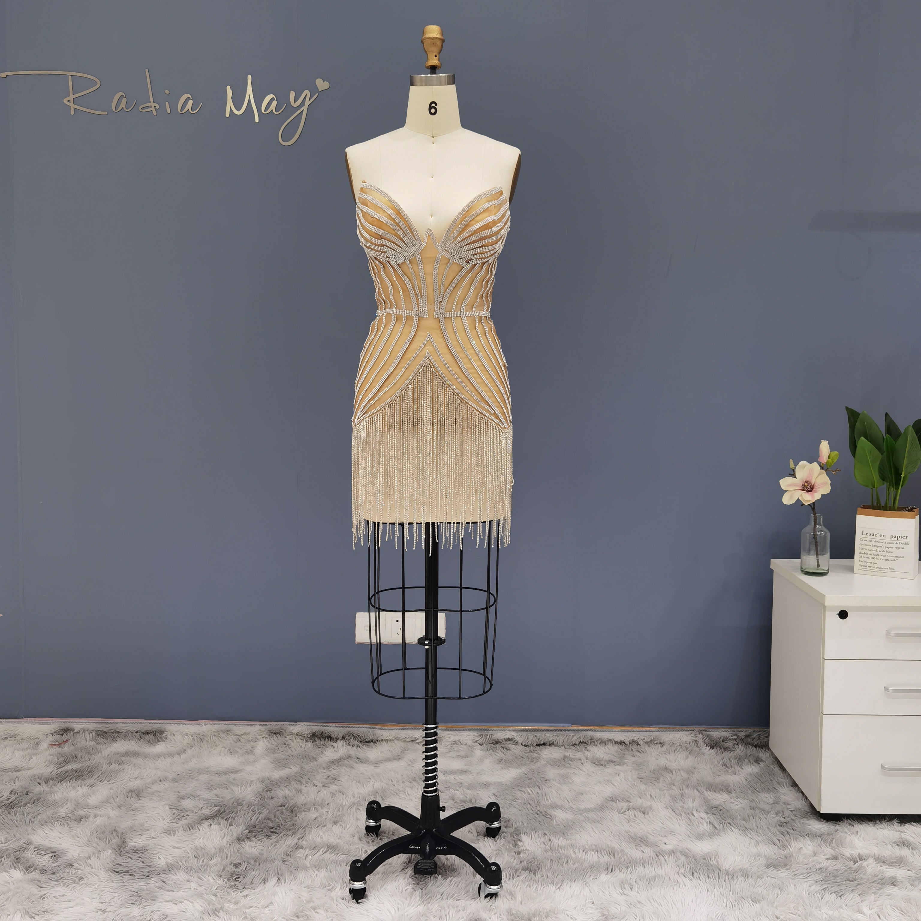 Luxury Beading Tassels Strapless Short Cocktail Dress RM016  Silver / US 16