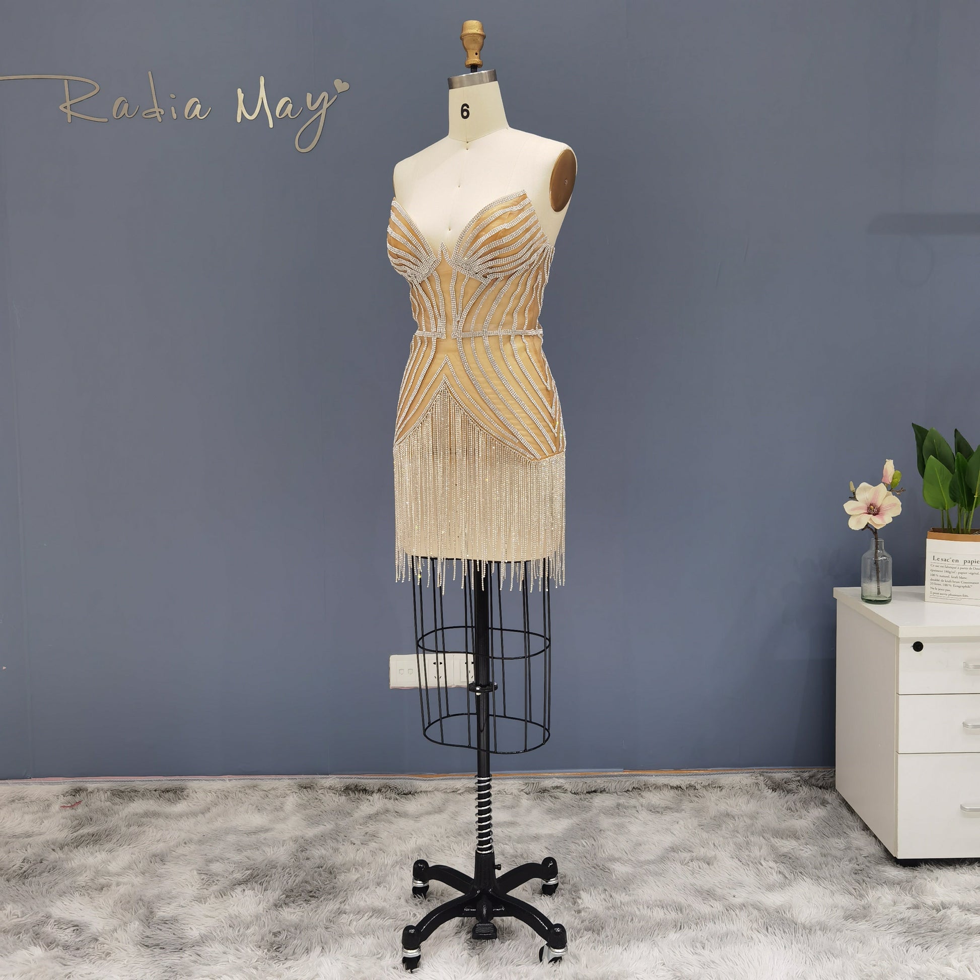 Luxury Beading Tassels Strapless Short Cocktail Dress RM016