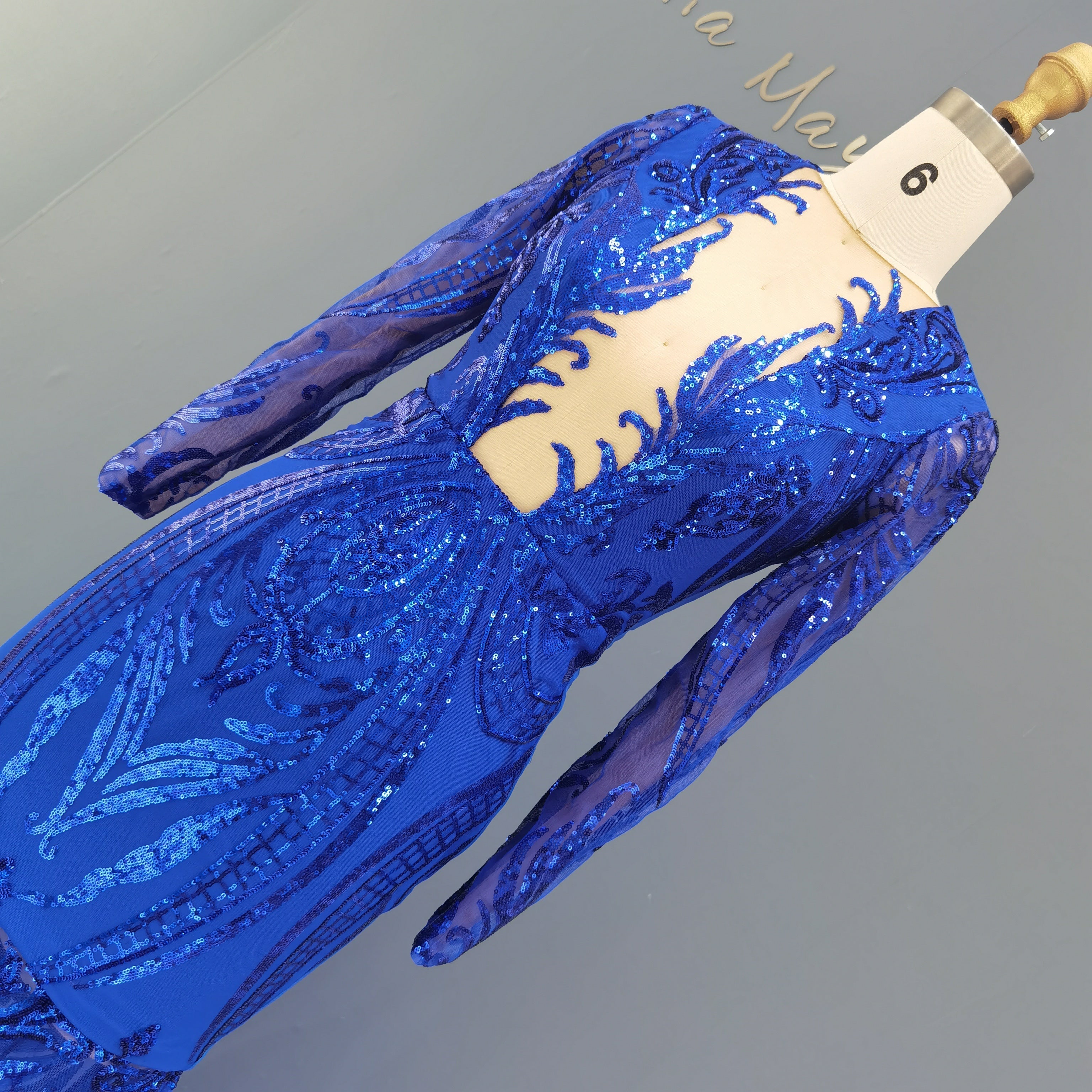 Luxury Sequin Long Sleeves Blue Prom Dress RM147