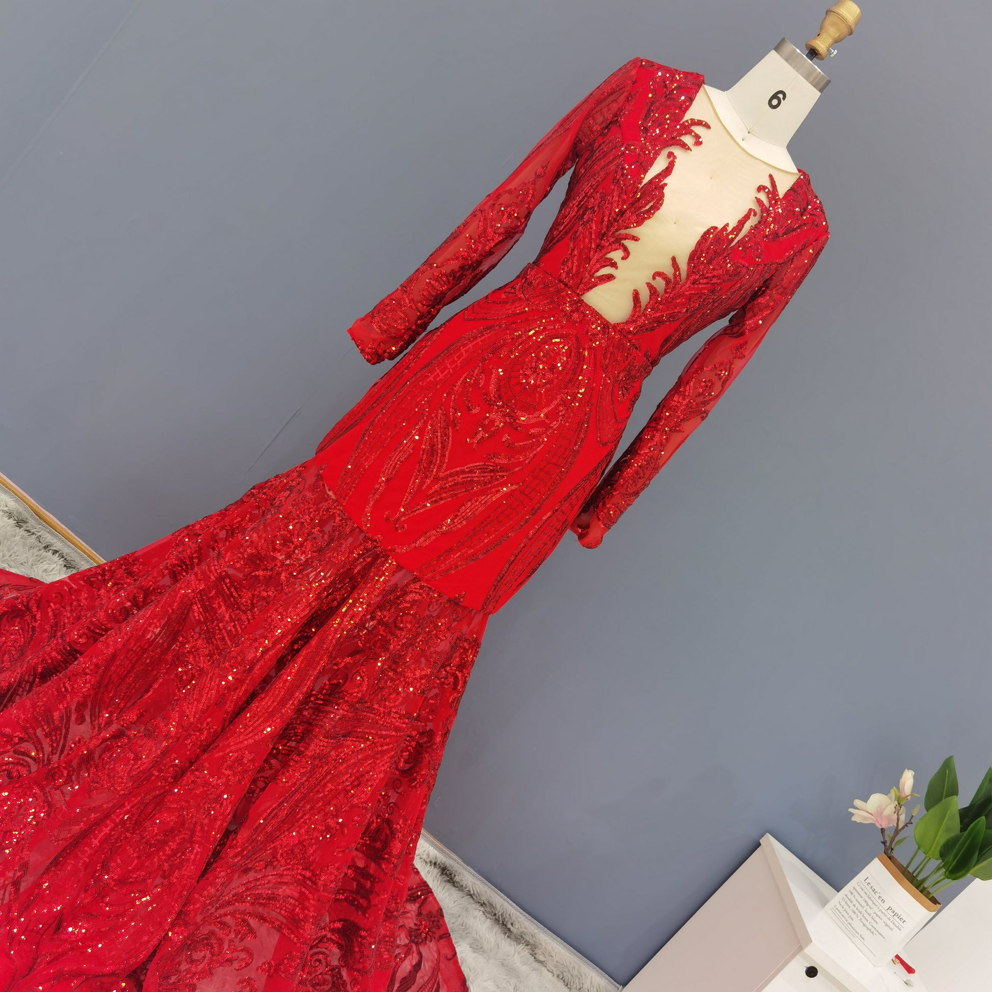 Luxury Sequin Long Sleeves Blue Prom Dress RM147