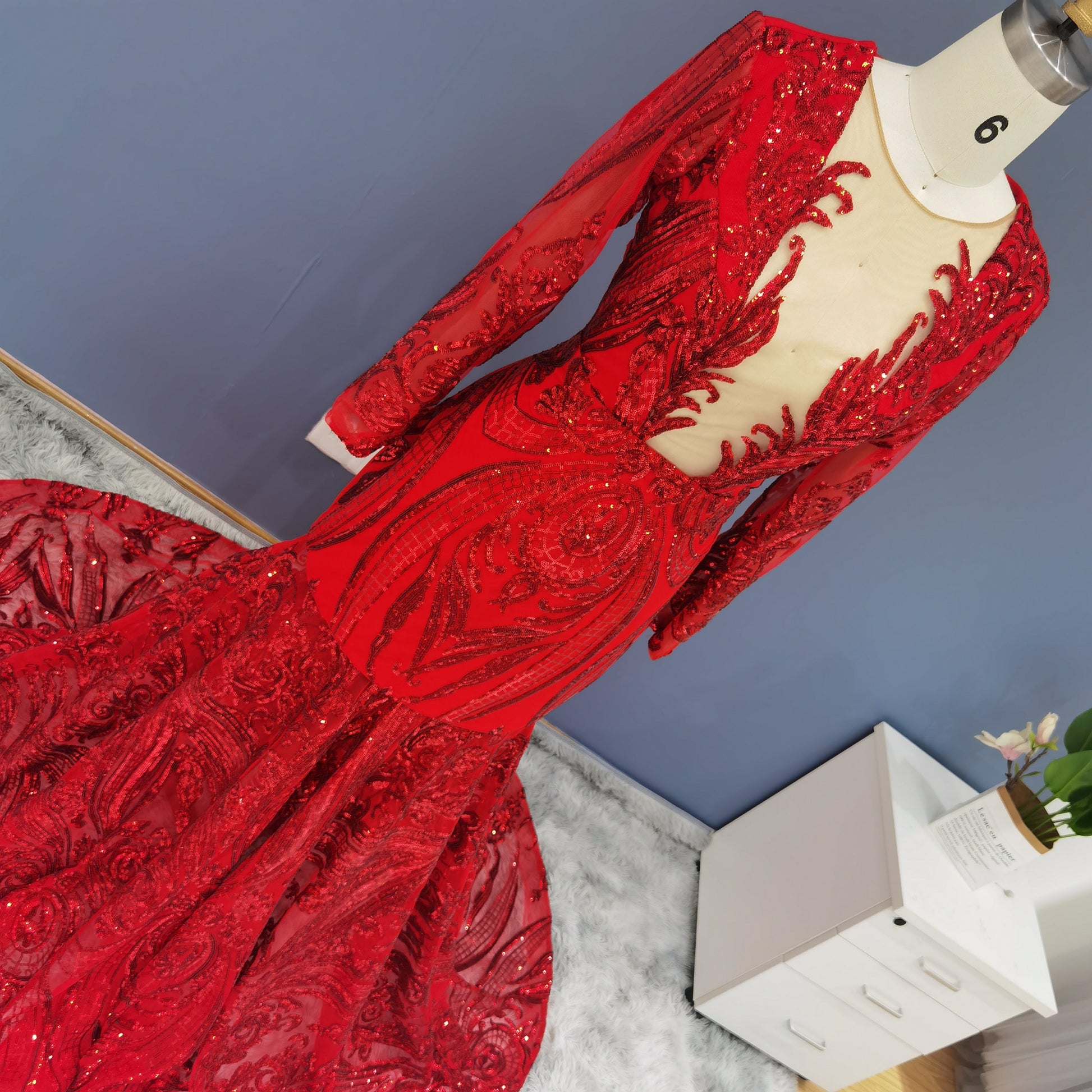 Luxury Sequin Long Sleeves Blue Prom Dress RM147