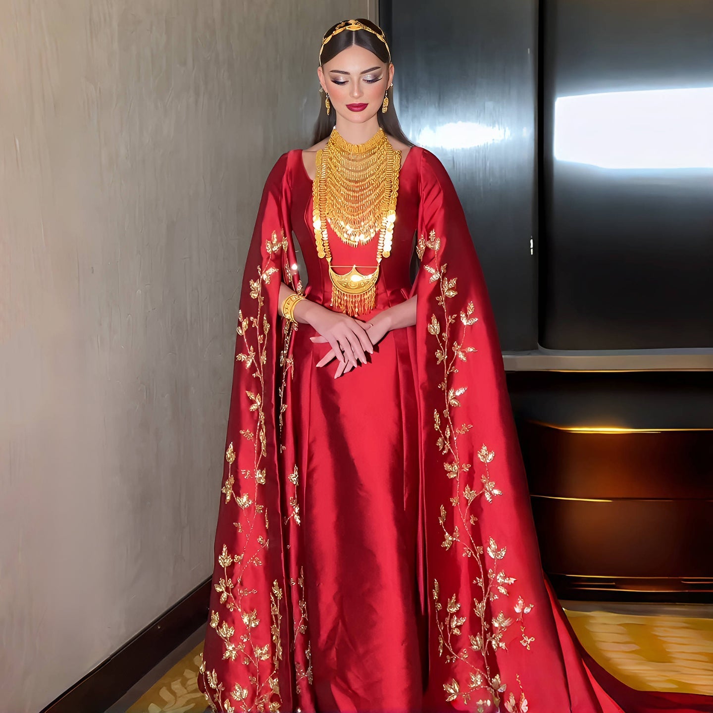 Elegant Red Evening Dress with Gold Floral Embroidery Cape Sleeves SS568