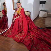 Elegant Red Evening Dress with Gold Floral Embroidery Cape Sleeves SS568