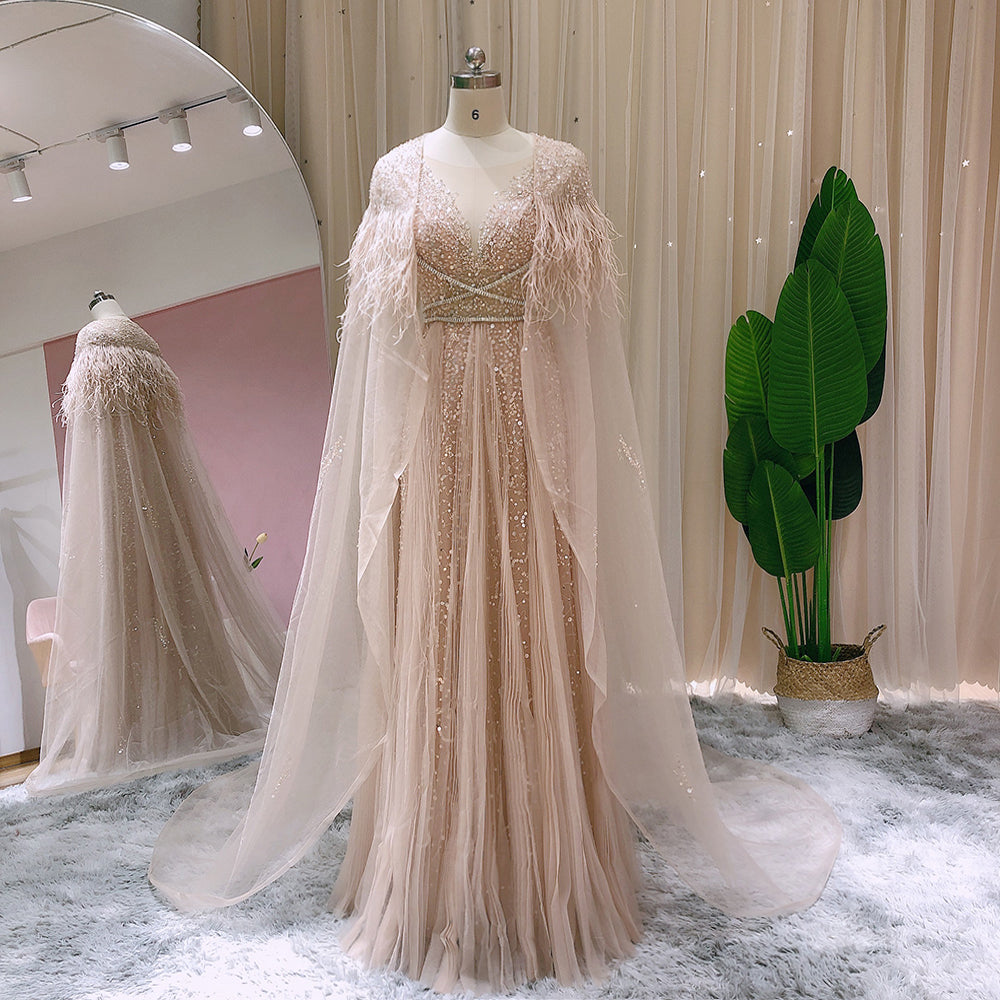 For Sale Silver Evening Dresses with Feather Cape Shawl SS147  Champagne / US 20