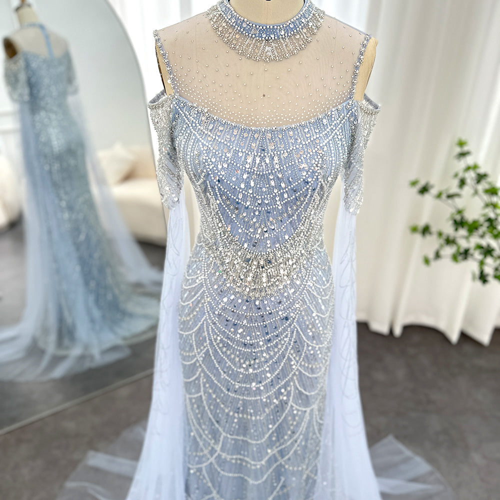 Dreamy Vow Sage Green Mermaid Luxury Dubai Evening Dress with Cape Sleeves Elegant Women Purple Wedding Formal Party Gown 205