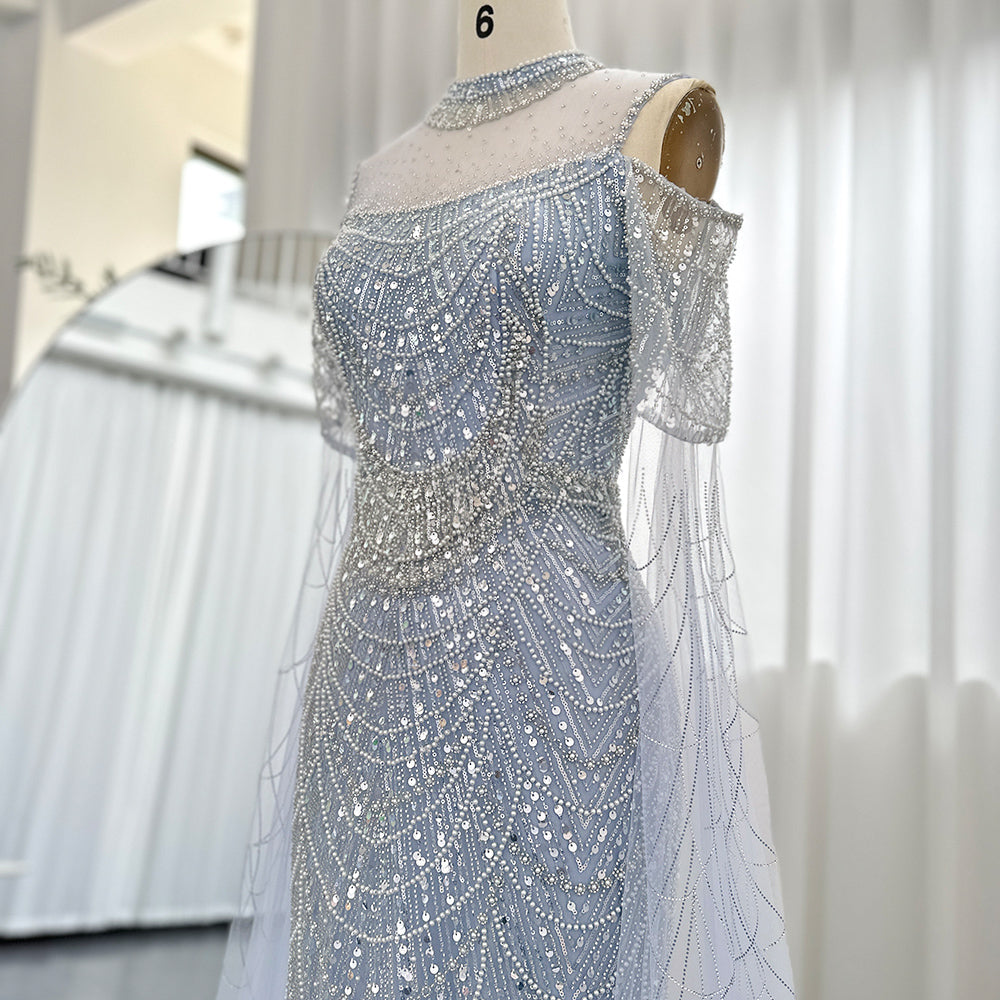 Dreamy Vow Sage Green Mermaid Luxury Dubai Evening Dress with Cape Sleeves Elegant Women Purple Wedding Formal Party Gown 205