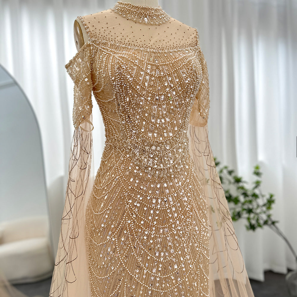 Dreamy Vow Sage Green Mermaid Luxury Dubai Evening Dress with Cape Sleeves Elegant Women Purple Wedding Formal Party Gown 205