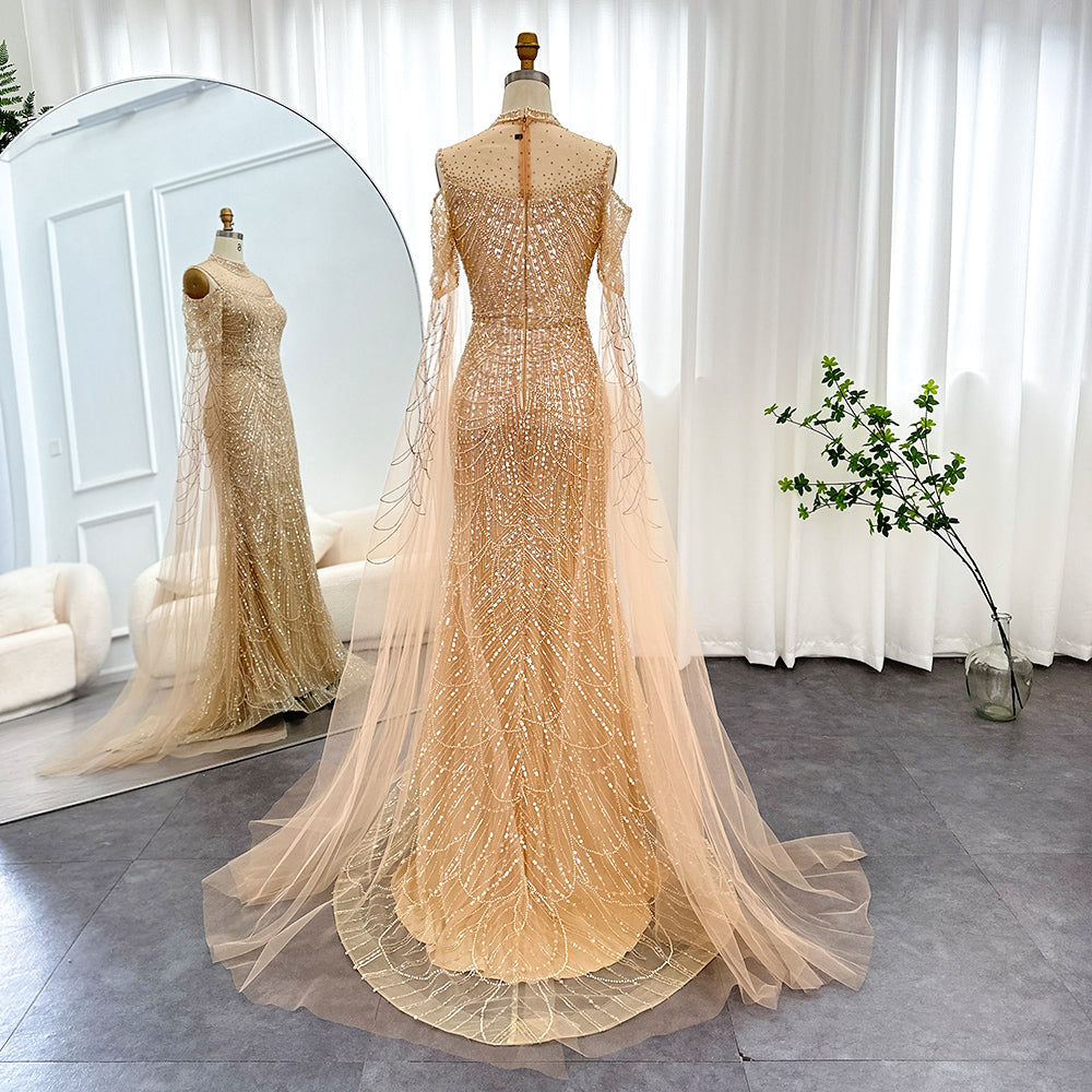 Dreamy Vow Sage Green Mermaid Luxury Dubai Evening Dress with Cape Sleeves Elegant Women Purple Wedding Formal Party Gown 205