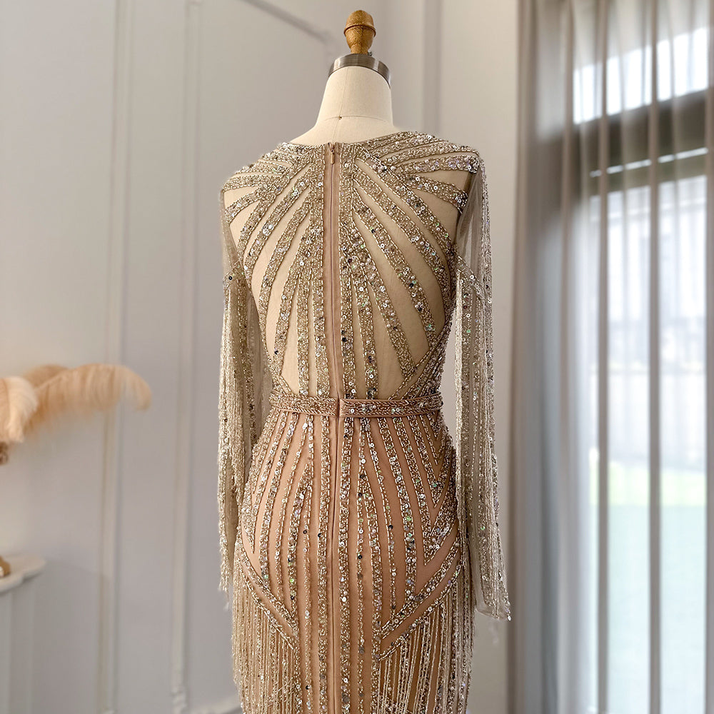 Dreamy Vow Luxury Dubai Tassel Silver Nude Mermaid Evening Dress for Women Wedding Party Long Sleeve African Prom Dresses 214