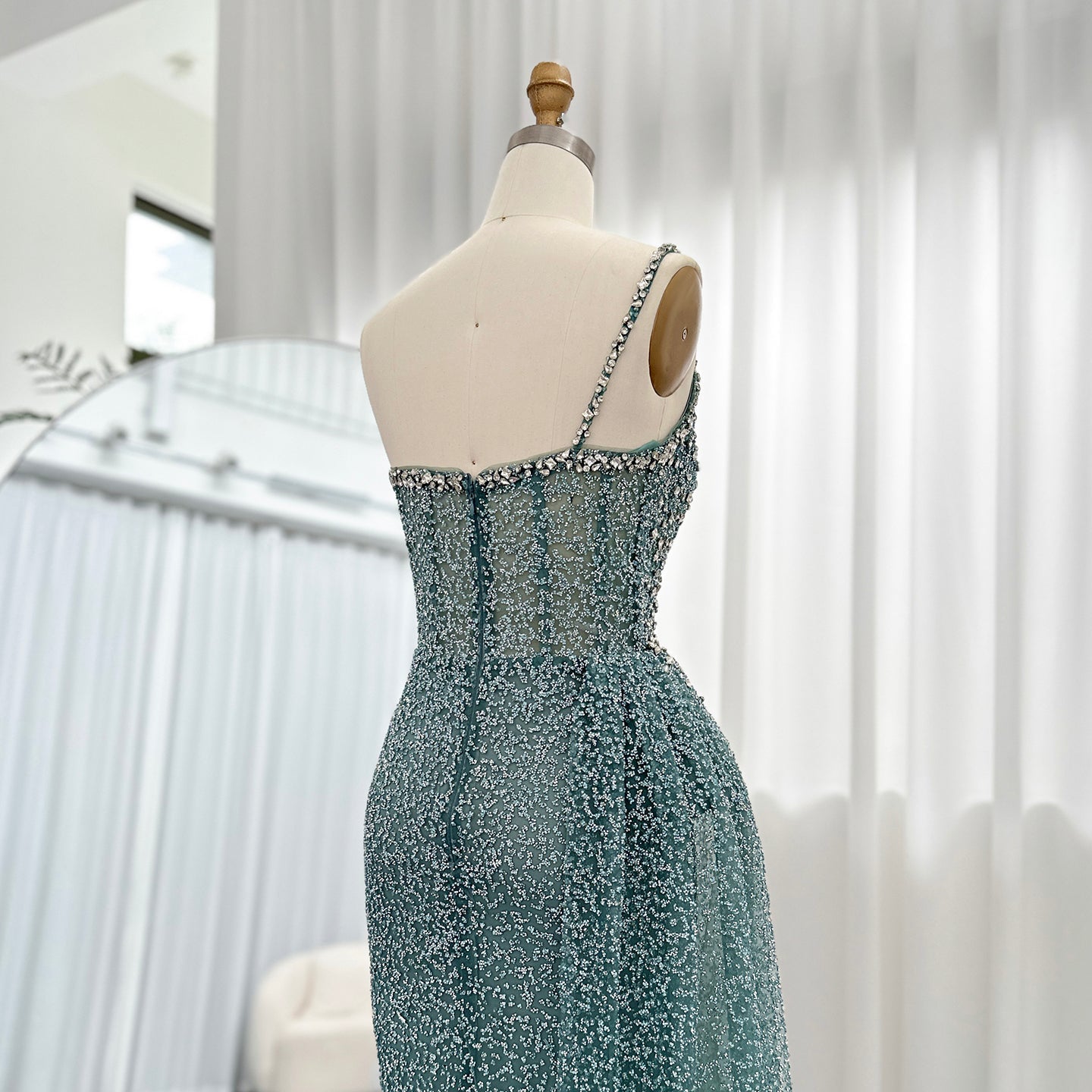Sparkly Crystal Turquoise One Shoulder Evening Dress SS698