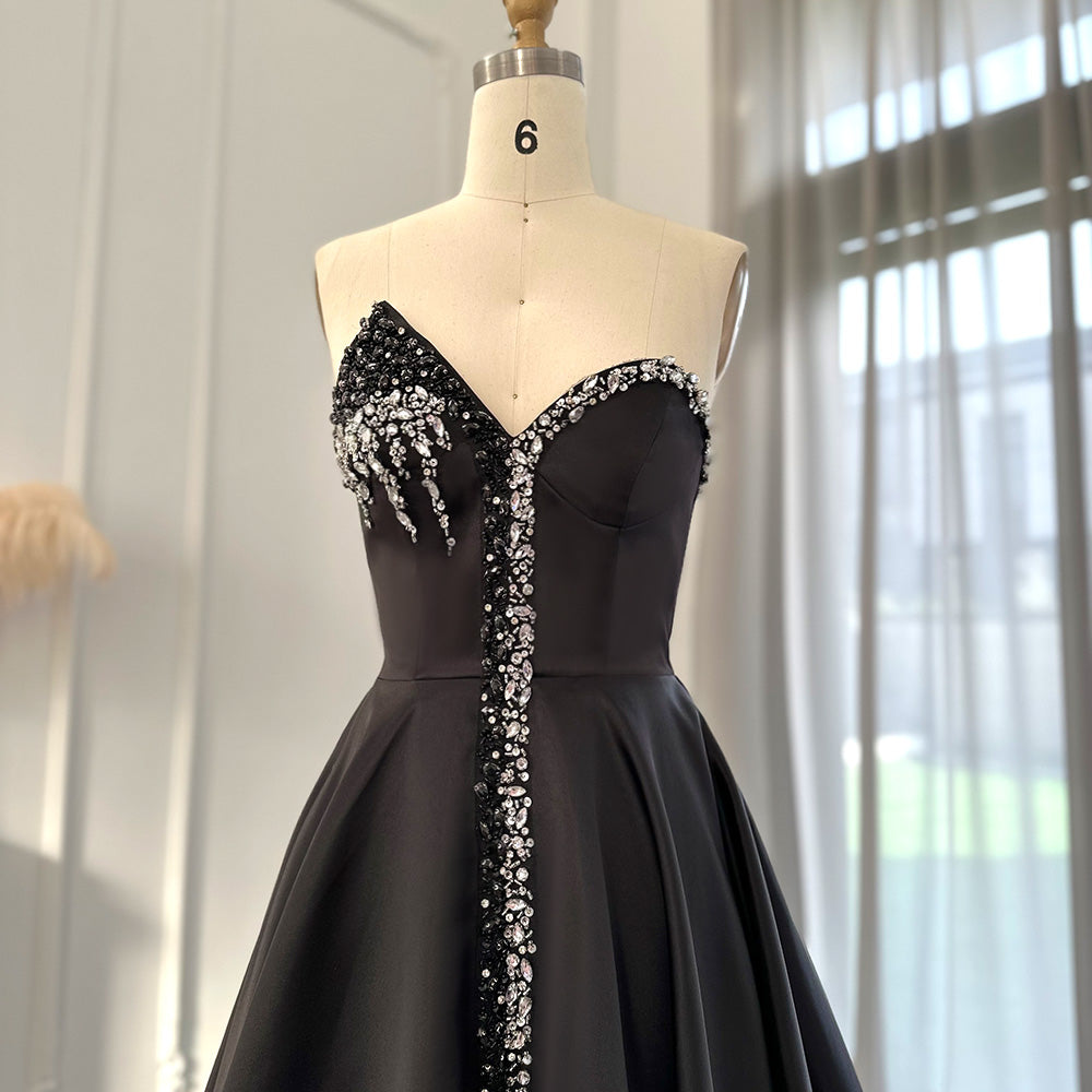 Elegant Crystal Black Strapless Evening Dresses Side Slit SS364