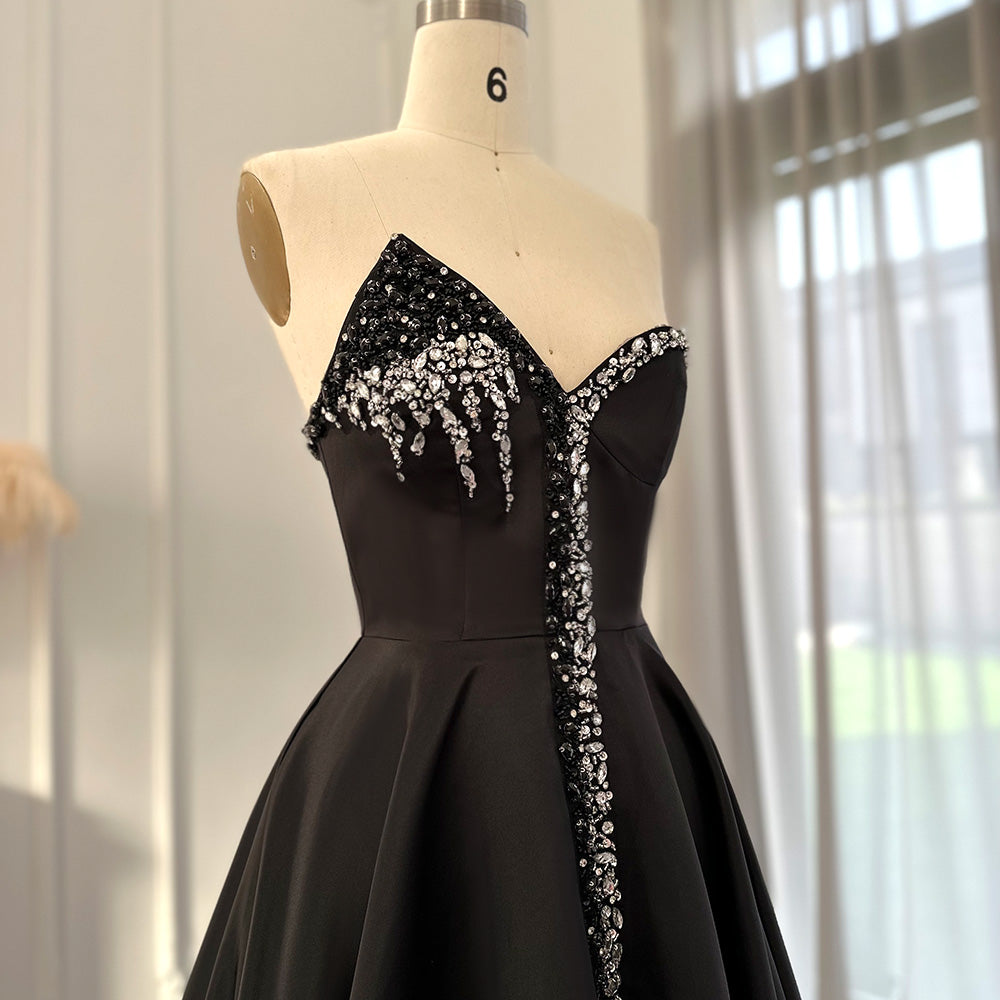 Elegant Crystal Black Strapless Evening Dresses Side Slit SS364
