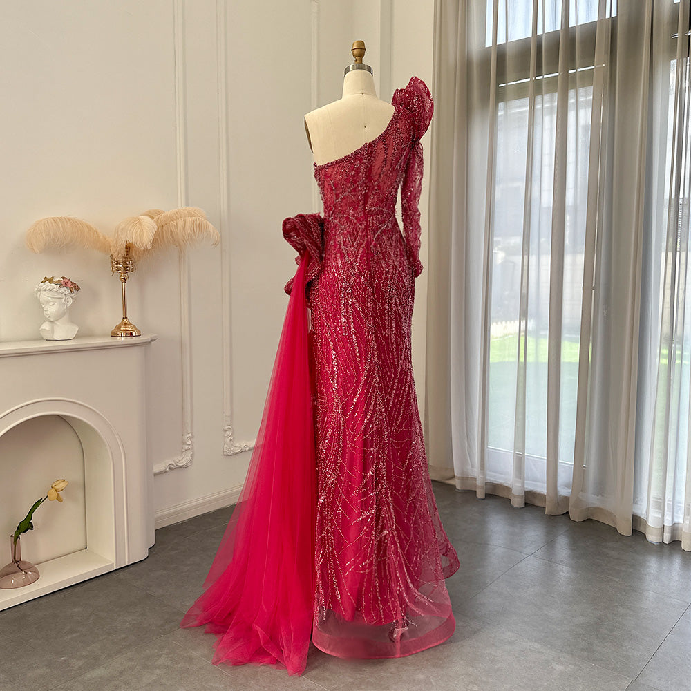 Dreamy Vow Fuchsia One Shoulder Luxury Dubai Evening Dresses 2023 Arabic Side Slit Mermaid Prom Formal Dress for Wedding 360