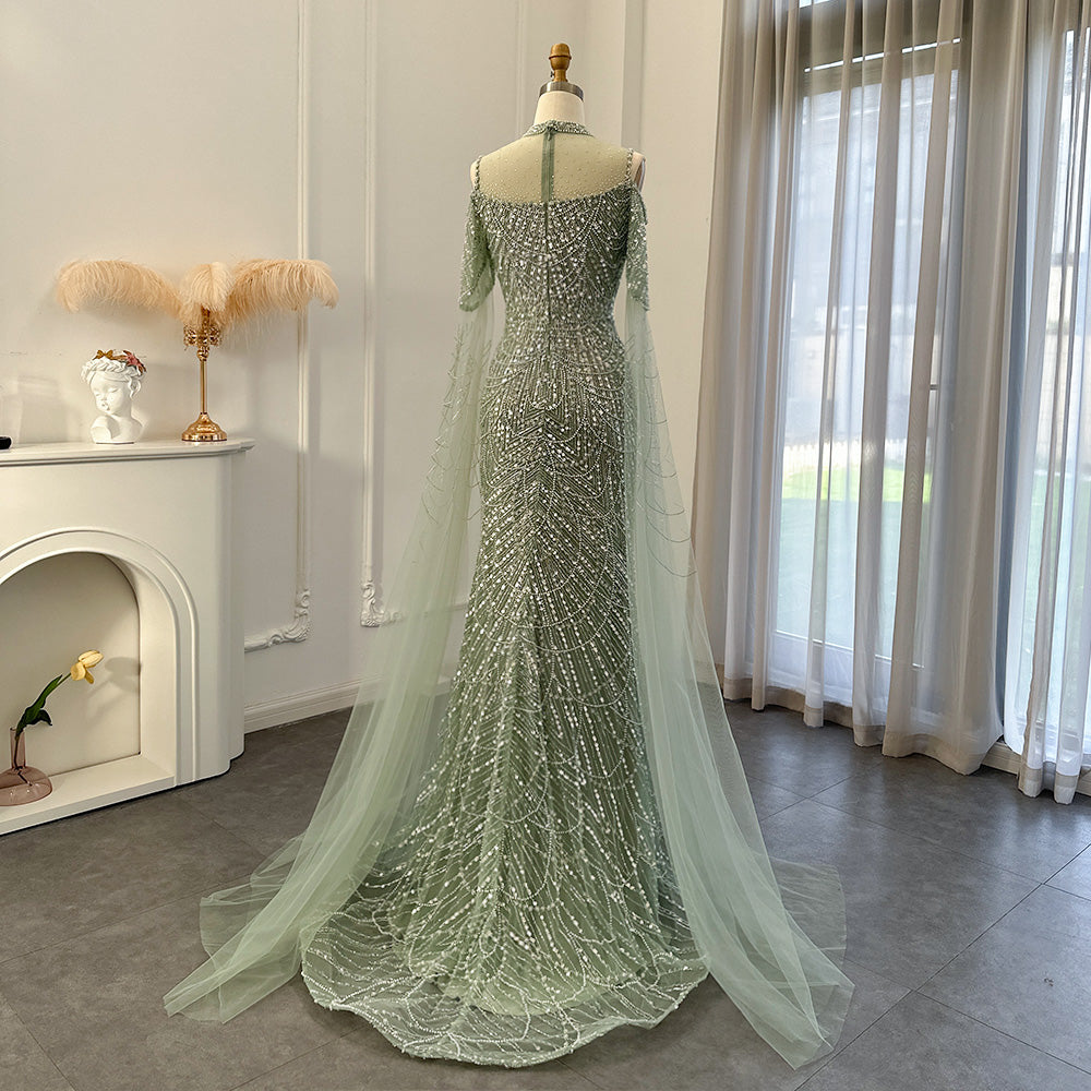 Dreamy Vow Sage Green Mermaid Luxury Dubai Evening Dress with Cape Sleeves Elegant Women Purple Wedding Formal Party Gown 205