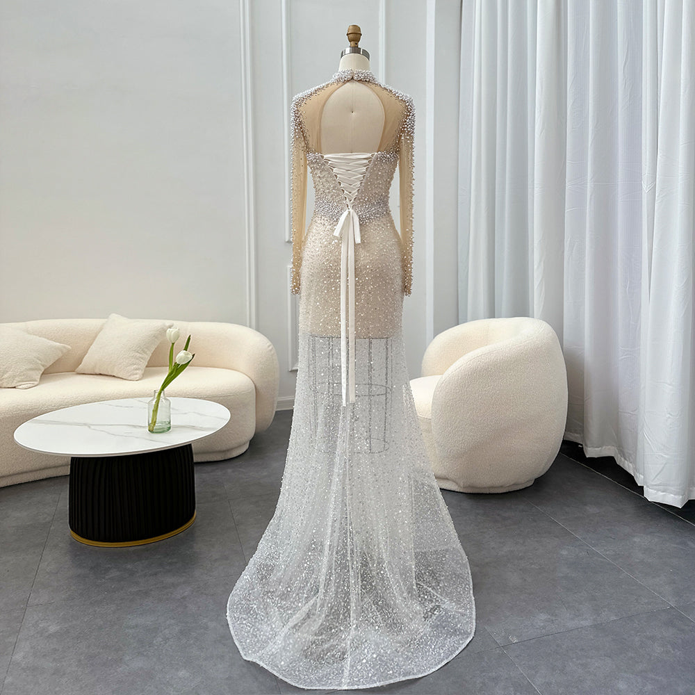 Luxury Pearls Long Sleeves High Slit Cocktail Party Dress RM028