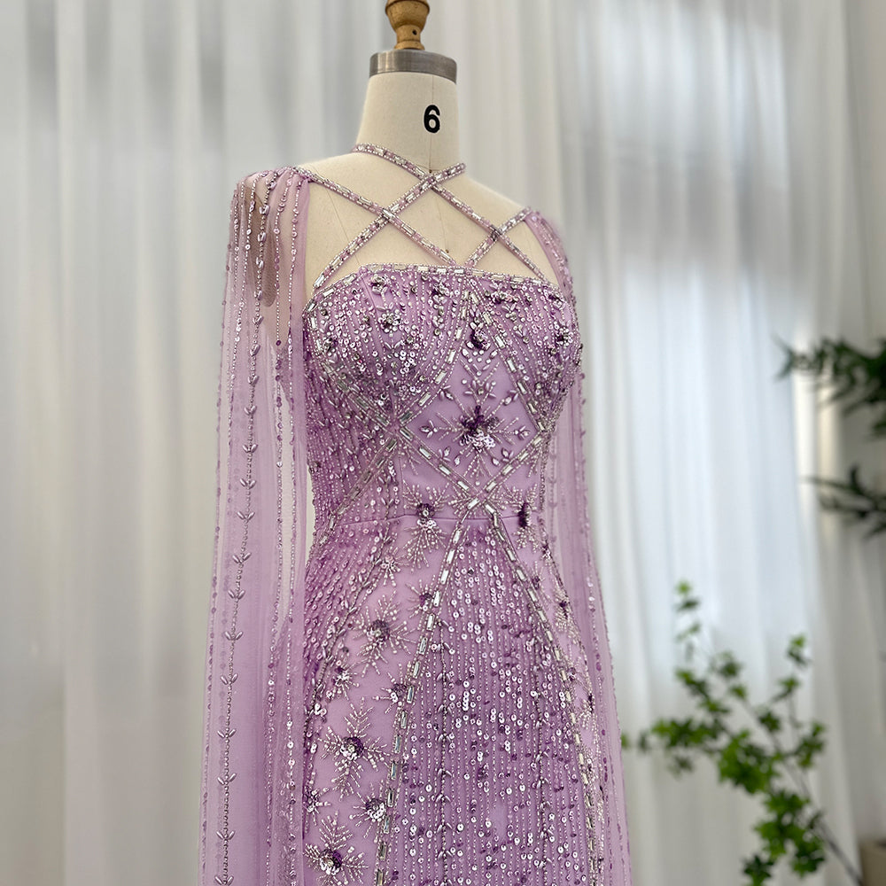 Dreamy Vow Luxury Aqua Lilac Mermaid Evening Dress with Cape Sleeves Criss Cross Women Wedding Party Gowns 391