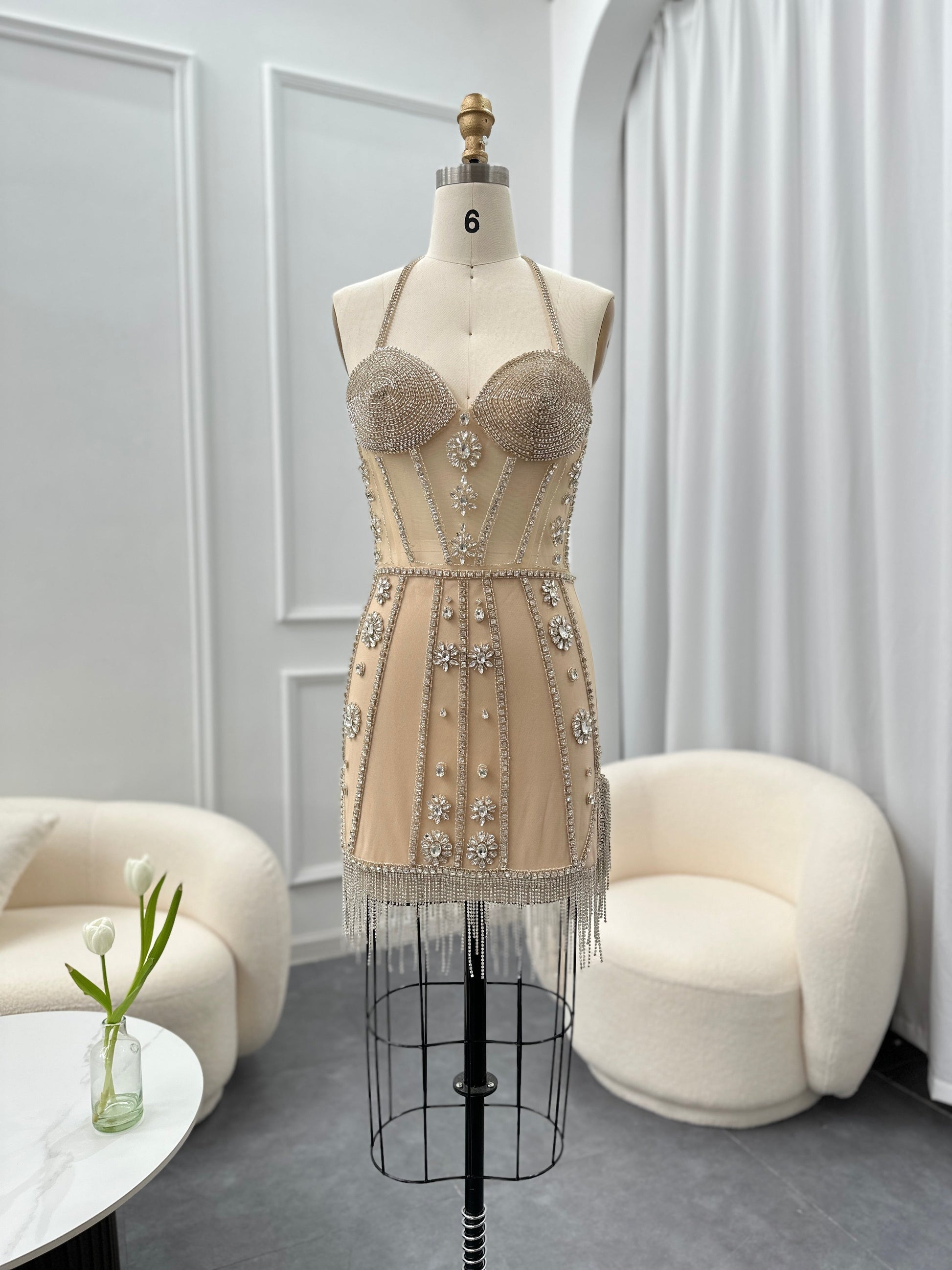 Luxury Crystal Tassels Halter Short Cocktail Dress RM114