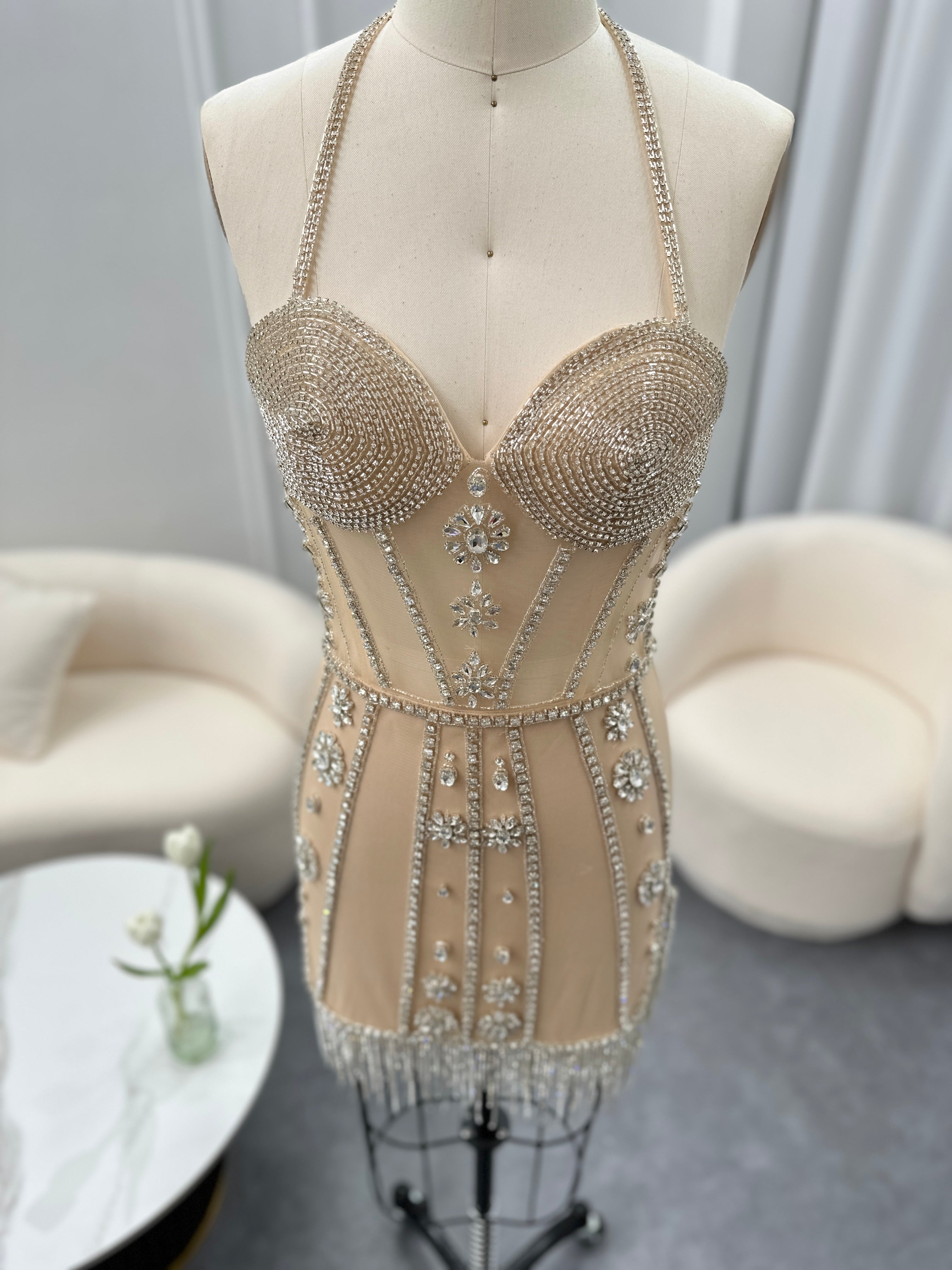 Luxury Crystal Tassels Halter Short Cocktail Dress RM114