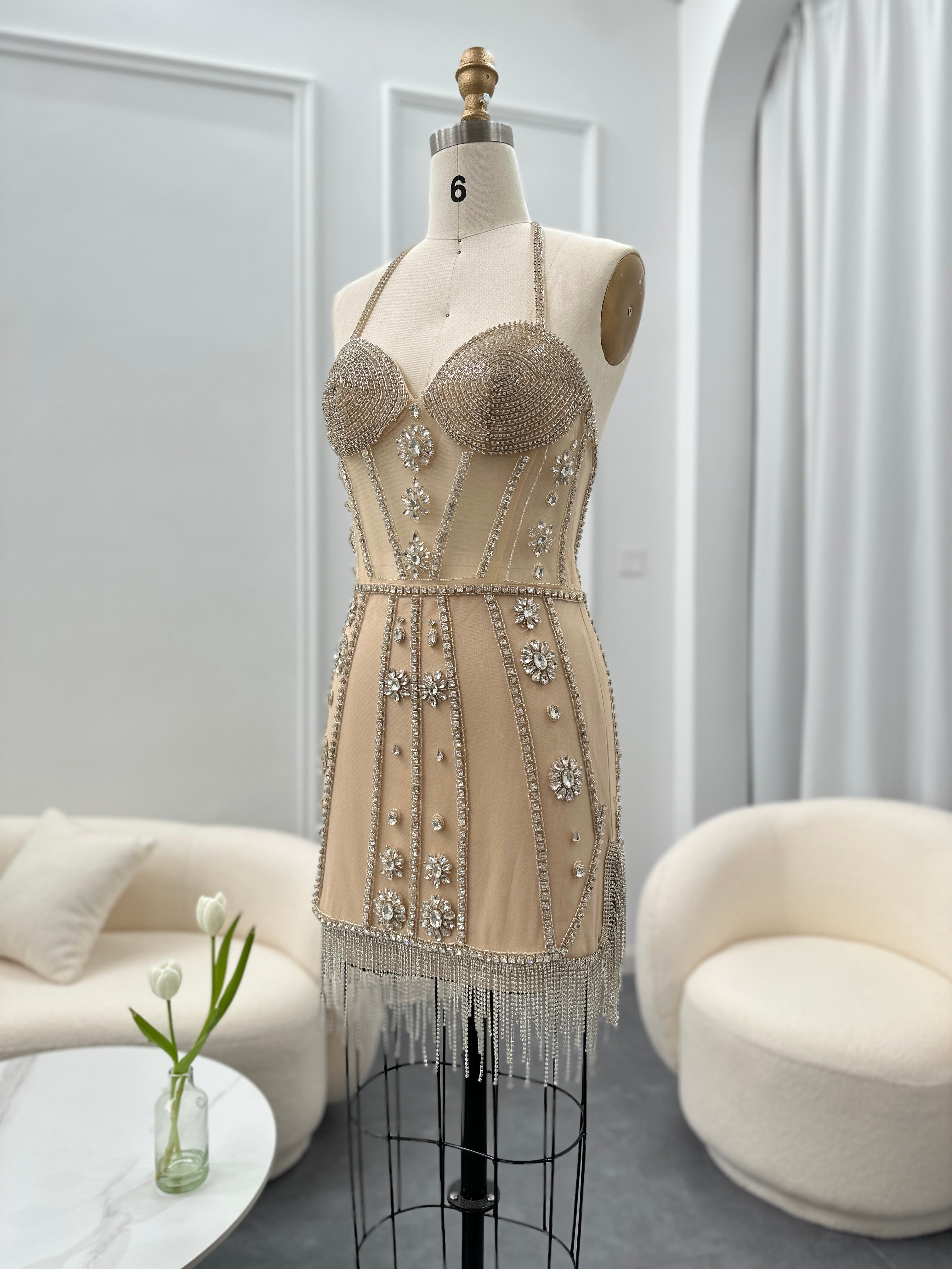 Luxury Crystal Tassels Halter Short Cocktail Dress RM114