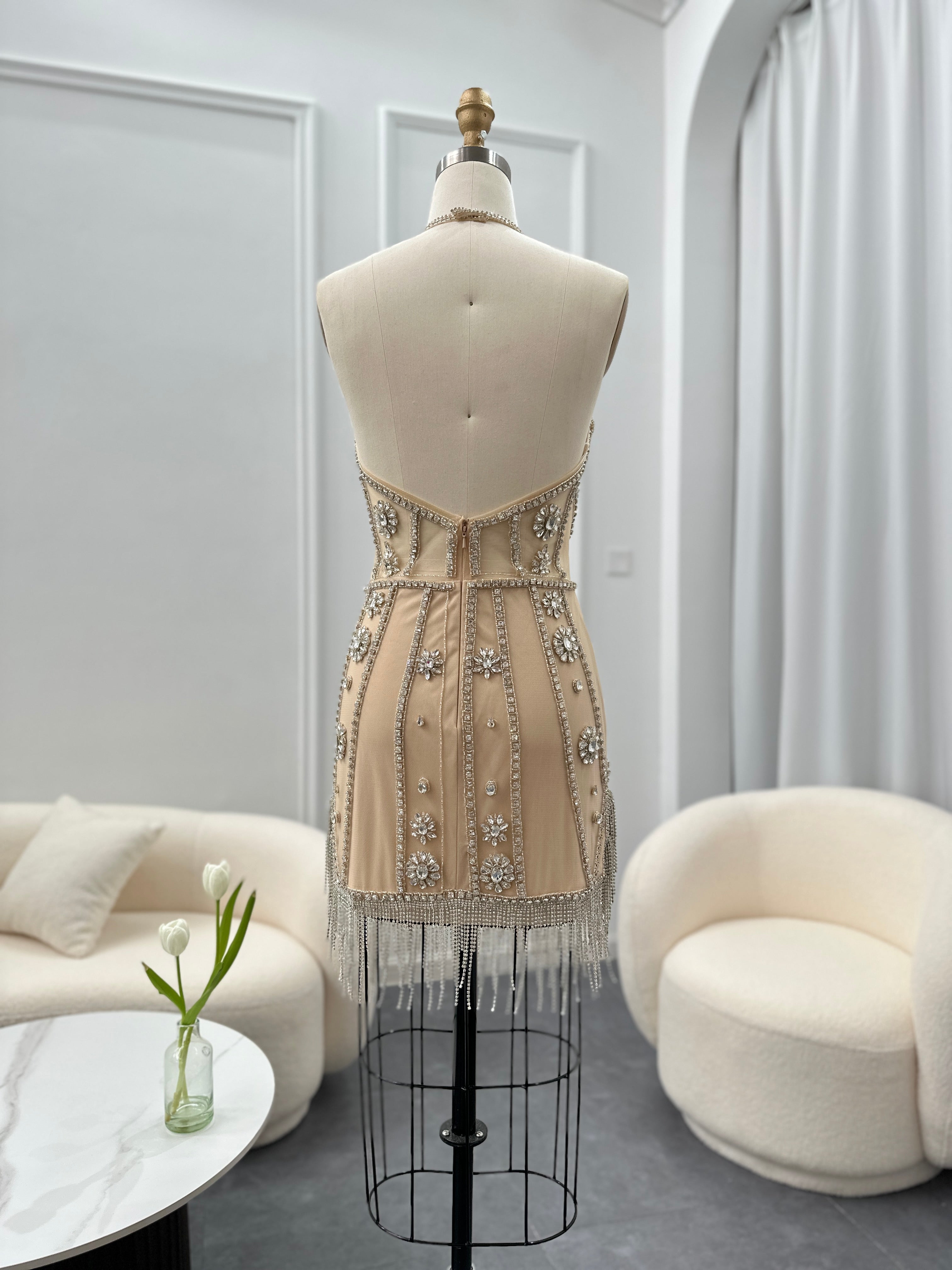 Luxury Crystal Tassels Halter Short Cocktail Dress RM114