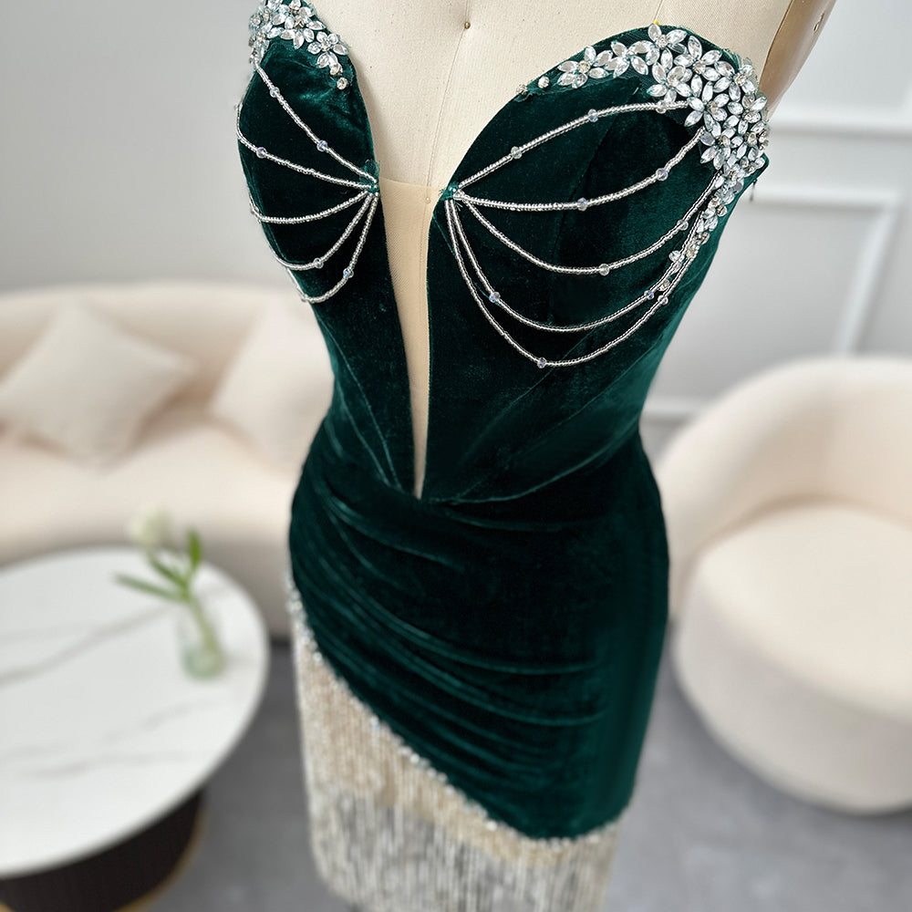 Green Crystal Tassel Velvet Short Cocktail Party Dress RM049