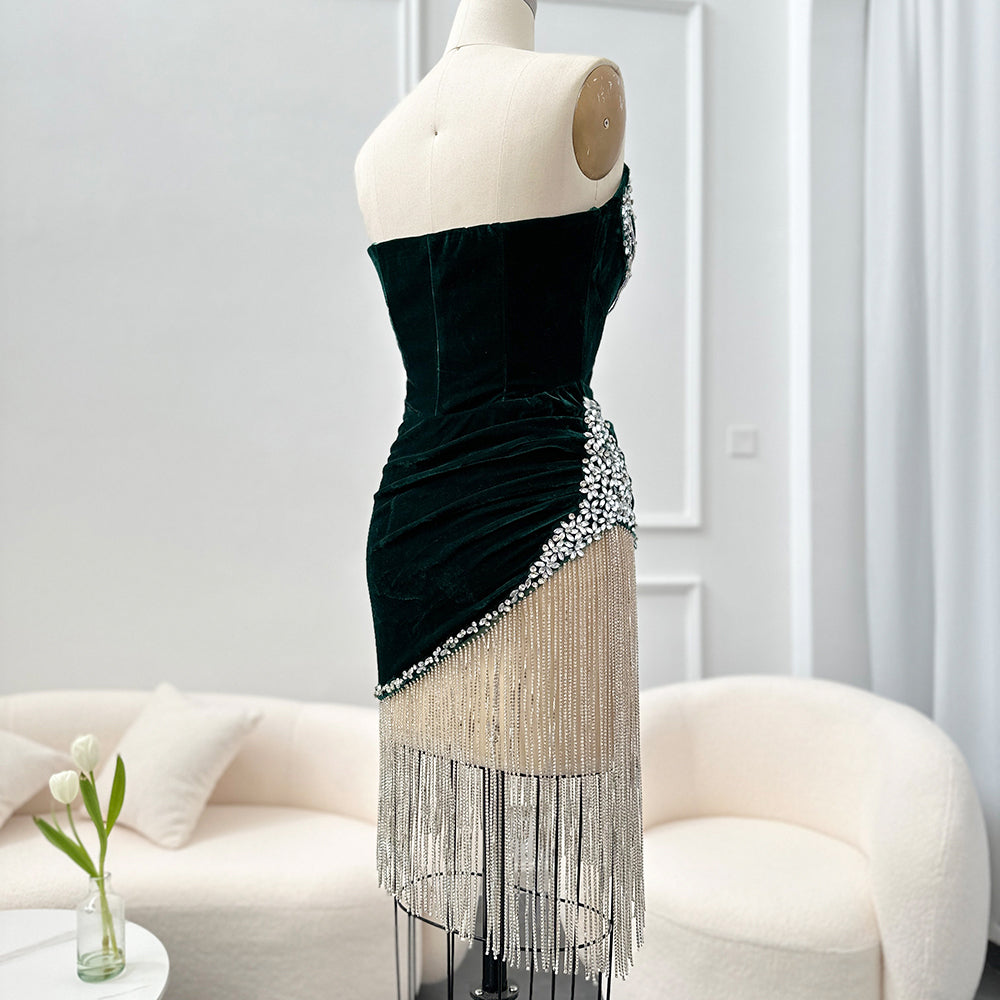 Green Crystal Tassel Velvet Short Cocktail Party Dress RM049