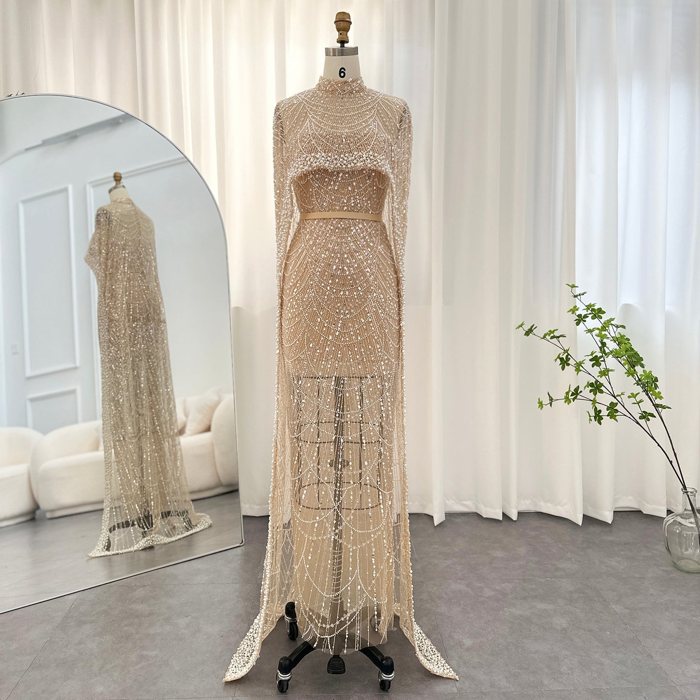 Luxury Pearls Champagne Evening Dress with Cape SS369  See Through / US 20