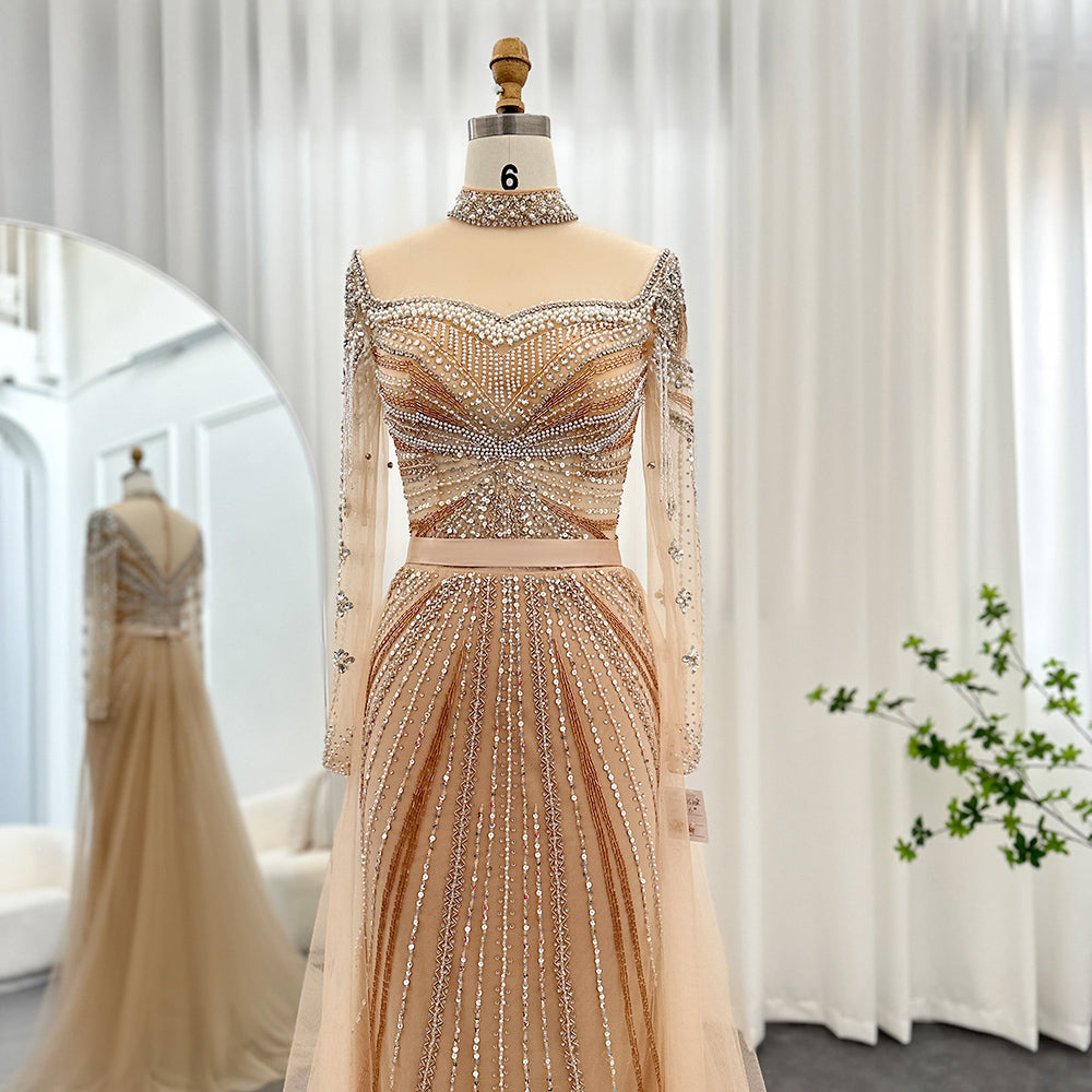 Dreamy Vow Luxury Champagne Mermaid Dubai Evening Dress with Detachable Overskirt Arabic Women Wedding Formal Party Gowns 265