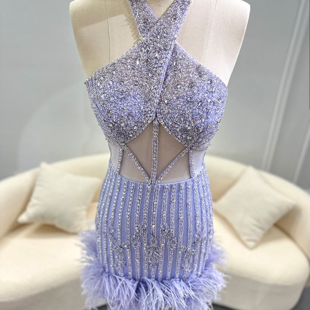 Luxury Feathers Nude Halter Short Cocktail Party Dress SS312