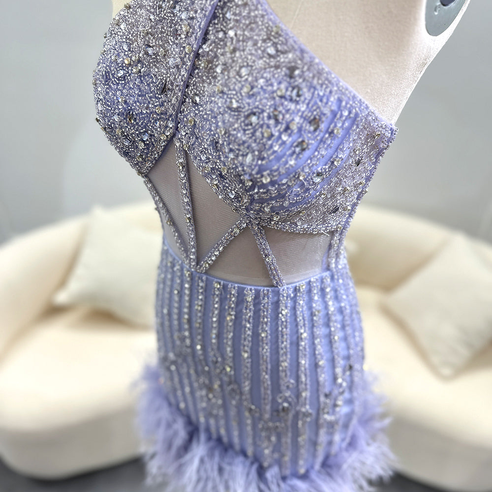 Luxury Feathers Nude Halter Short Cocktail Party Dress SS312