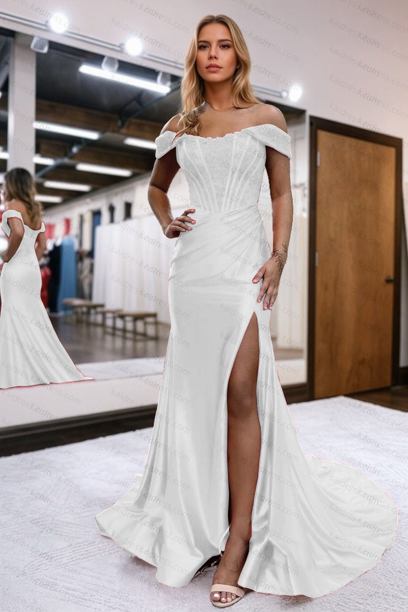 Trumpet/Mermaid Elastic Woven Satin Ruched Off-the-Shoulder Prom Dresses Sleeveless Long Green Evening Gowns