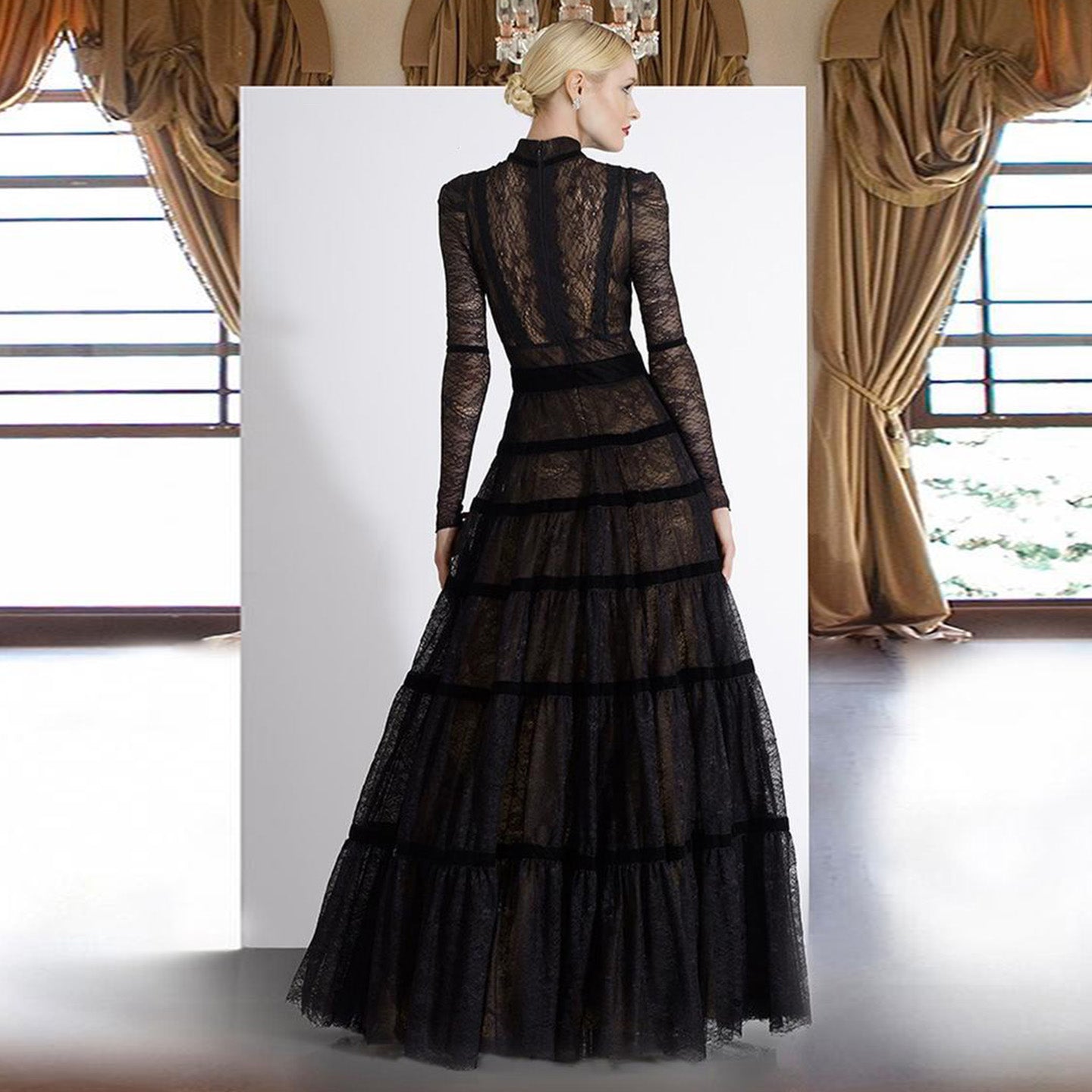 Elegant Black Lace Long Sleeves A-line Evening Dress SF023