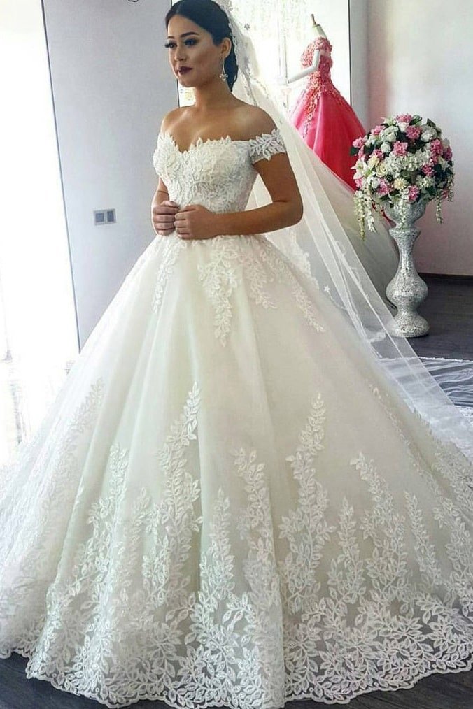 Ball Gown Off-the-Shoulder Sleeveless Sweep/Brush Train Lace Tulle Wedding Dresses