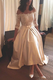 A-line/Princess Off-the-Shoulder Half Sleeve Asymmetrical Satin Wedding Dress With Lace