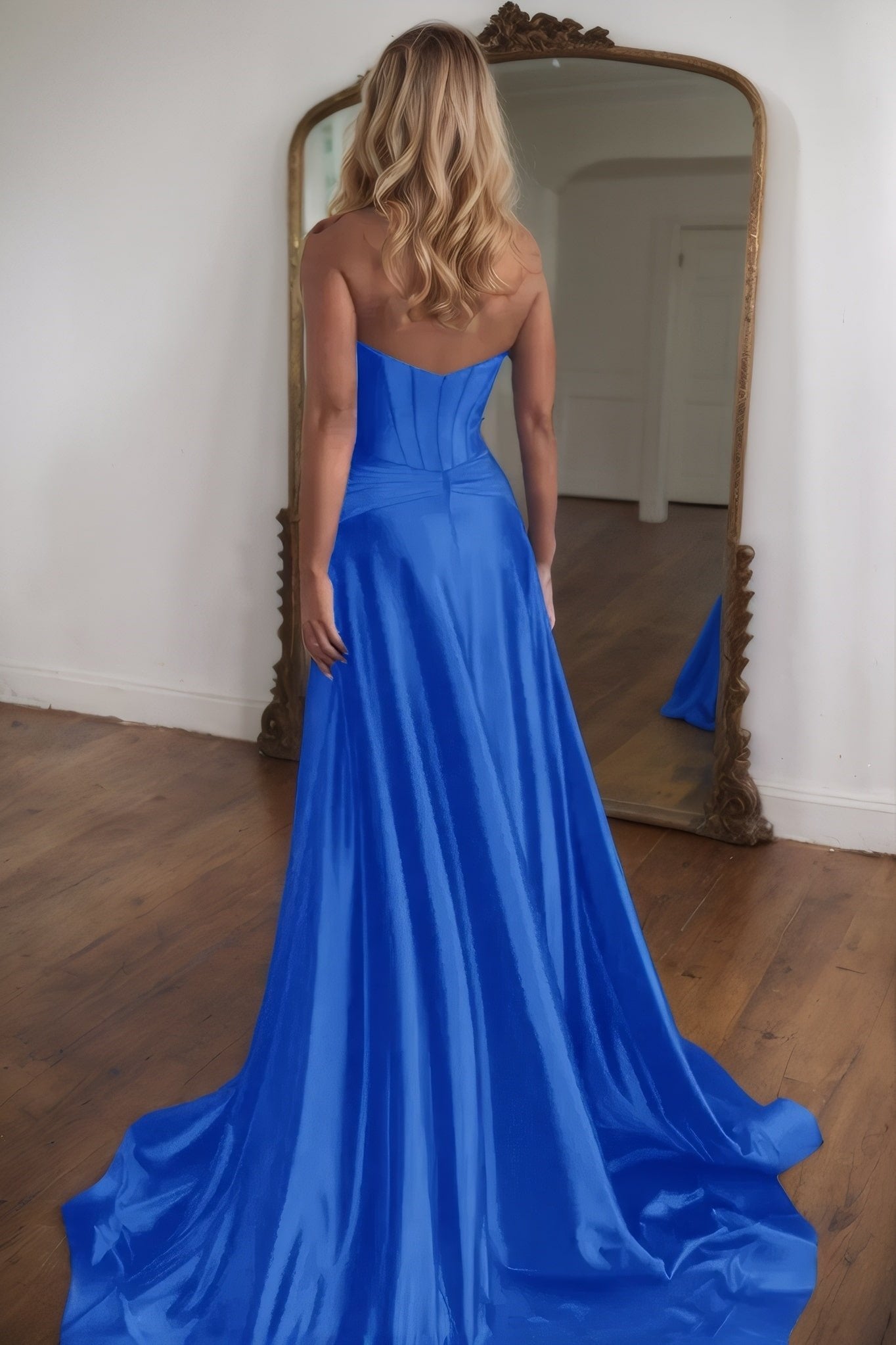 A-line/Princess Sweetheart Silk Sleeveless Long Blue Prom Dresses