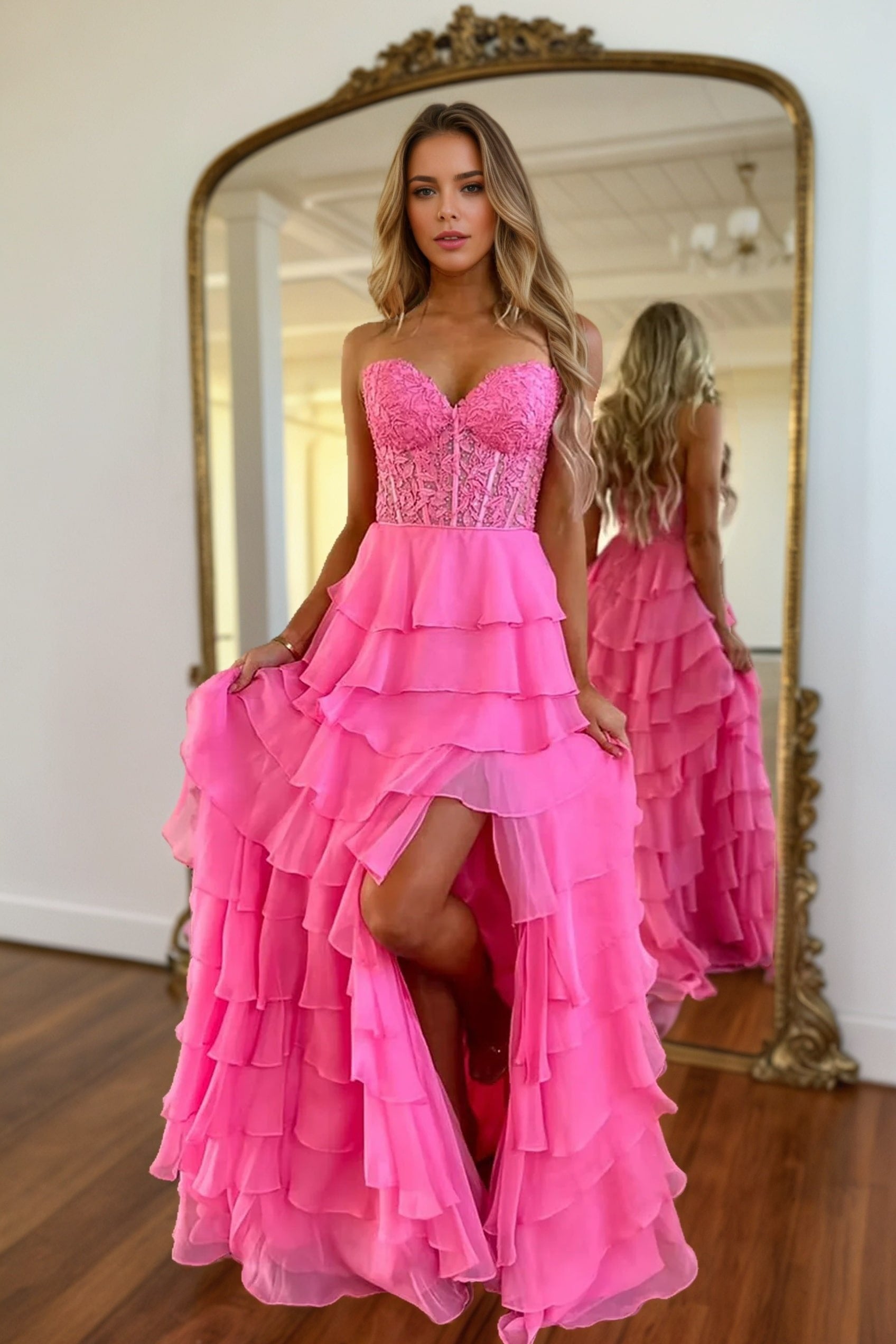 A-line/Princess Chiffon Fuchsia Sweetheart Tiered Ruffles Prom Dress with Slit Applique