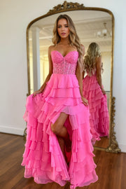 A-line/Princess Chiffon Fuchsia Sweetheart Tiered Ruffles Prom Dress with Slit Applique