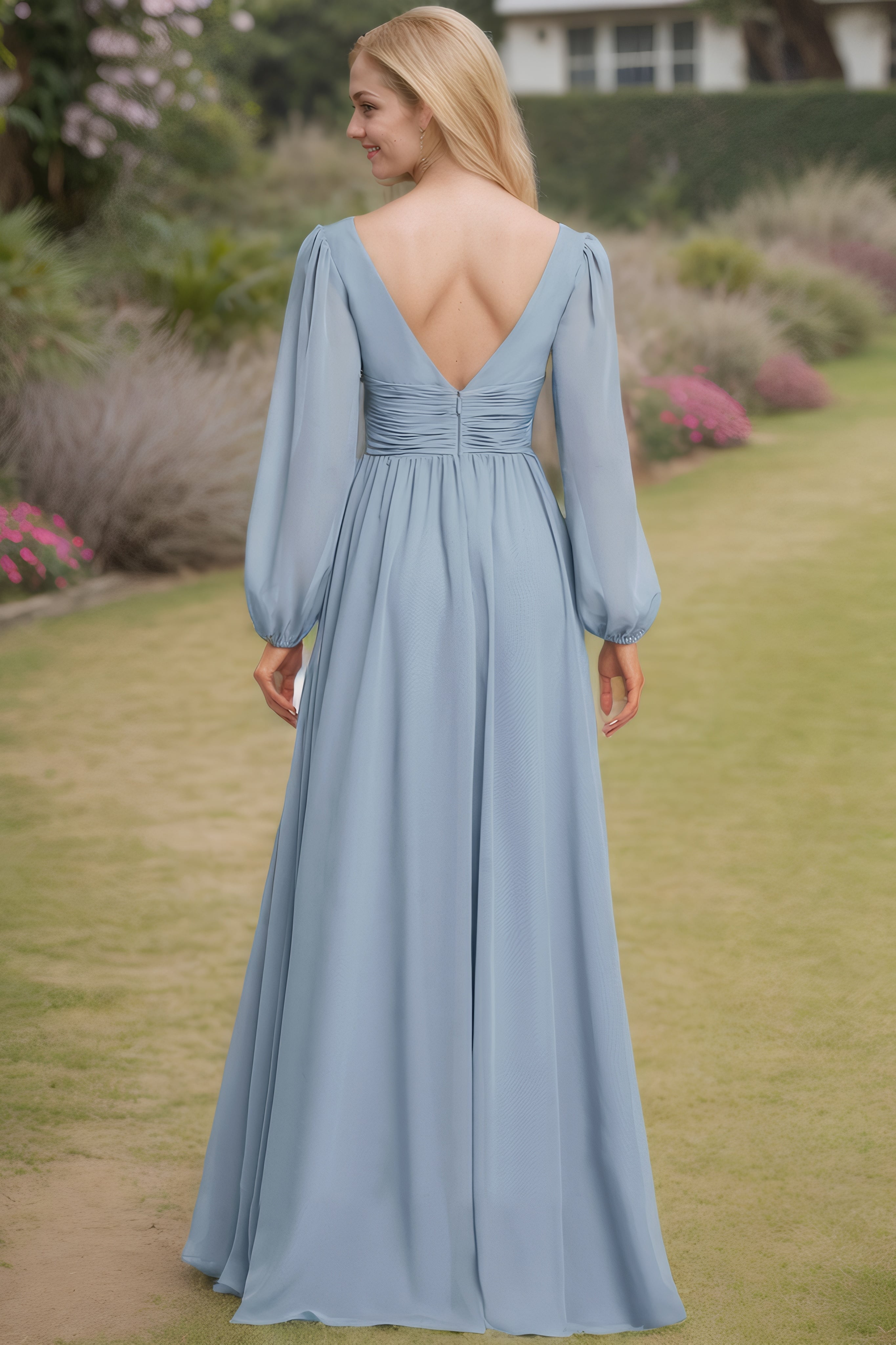 A-Line/Princess Chiffon Ruched V-neck Long Sleeves Floor-Length Bridesmaid Dresses