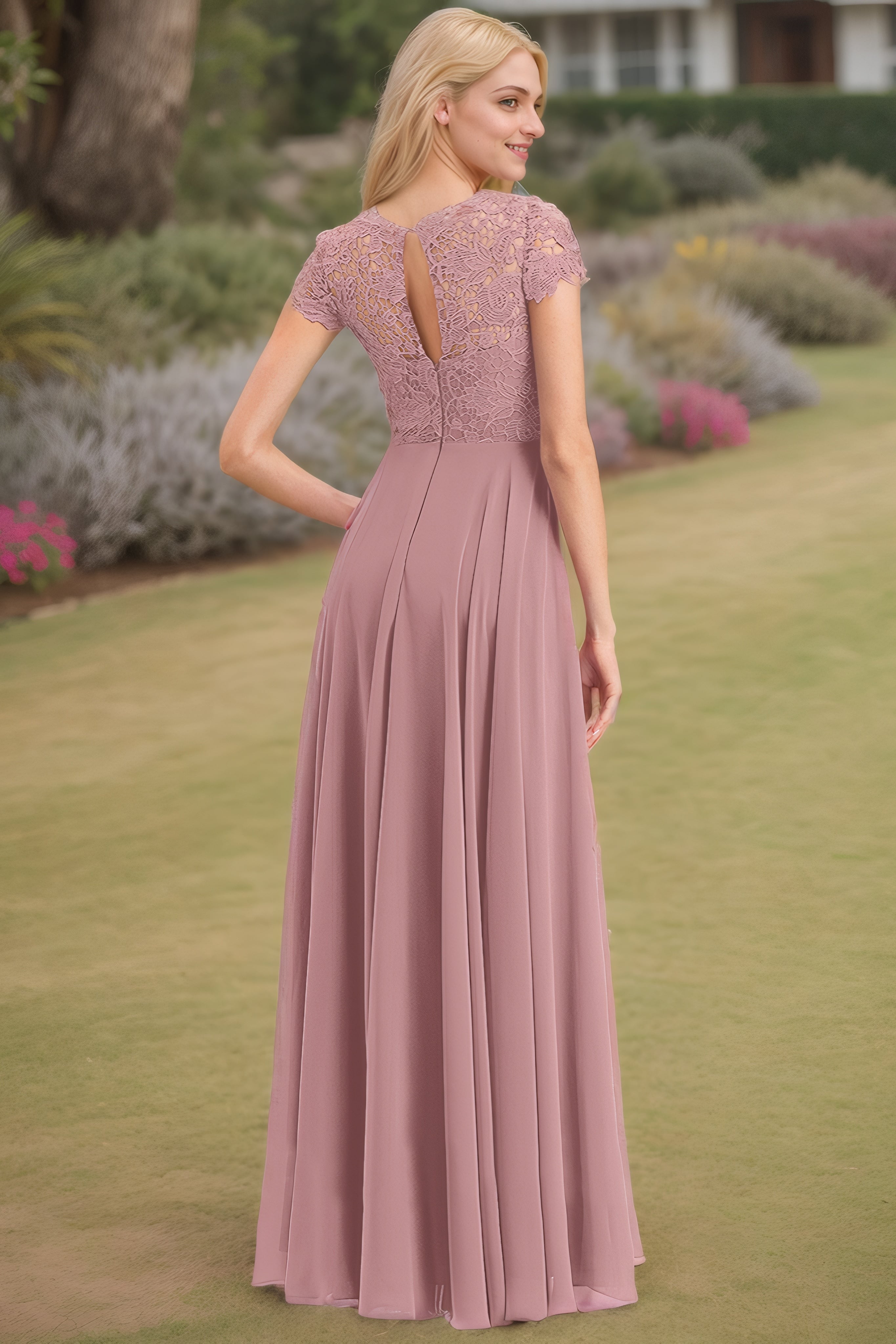 A-Line/Princess Chiffon Lace Scoop Short Sleeves Pocket Floor-Length Bridesmaid Dresses