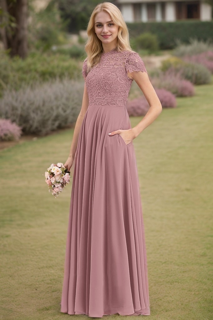 A-Line/Princess Chiffon Lace Scoop Short Sleeves Pocket Floor-Length Bridesmaid Dresses