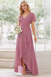 A-Line/Princess Chiffon Ruffles V-neck Short Sleeves Asymmetrical Bridesmaid Dresses