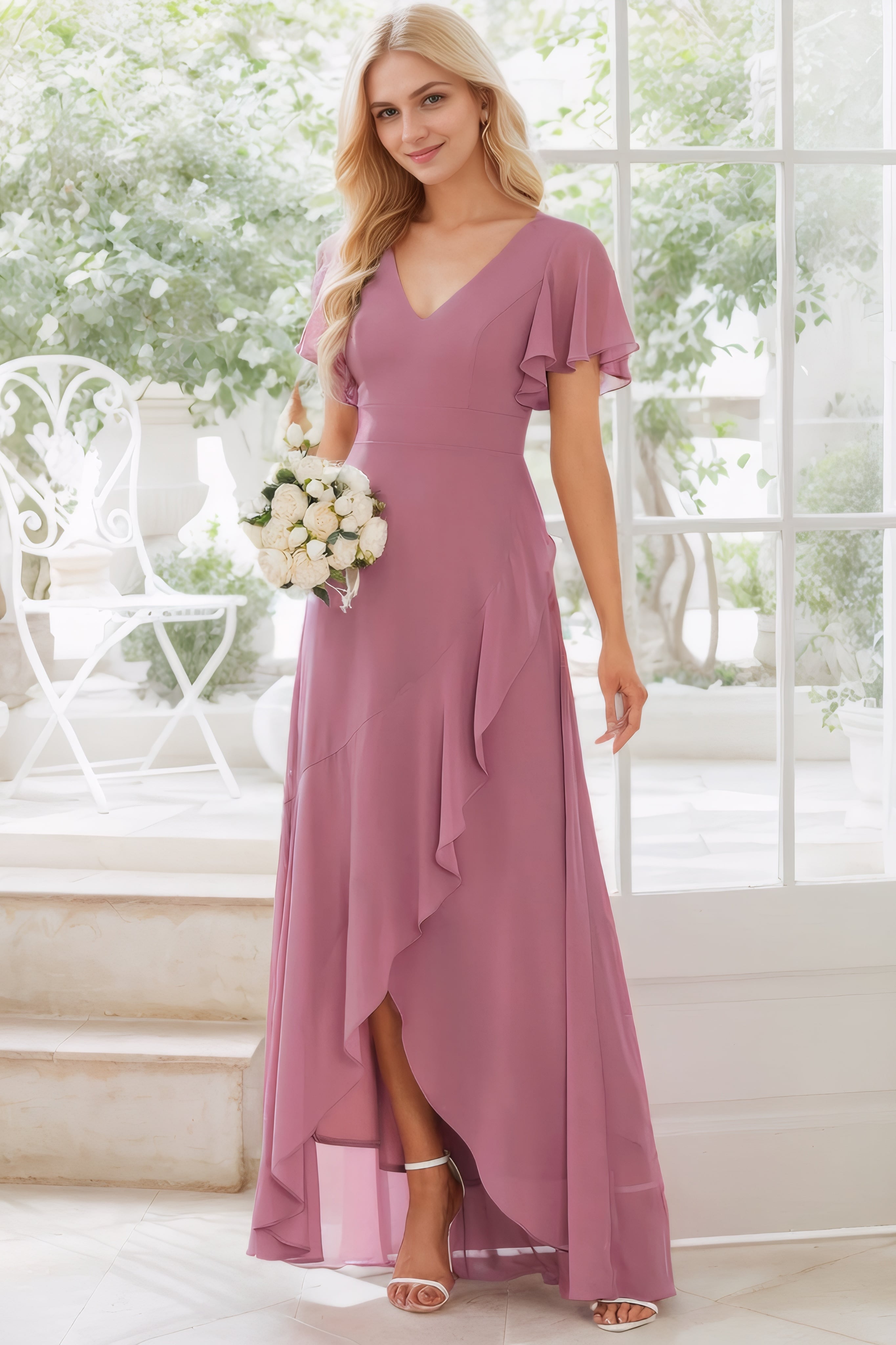 A-Line/Princess Chiffon Ruffles V-neck Short Sleeves Asymmetrical Bridesmaid Dresses