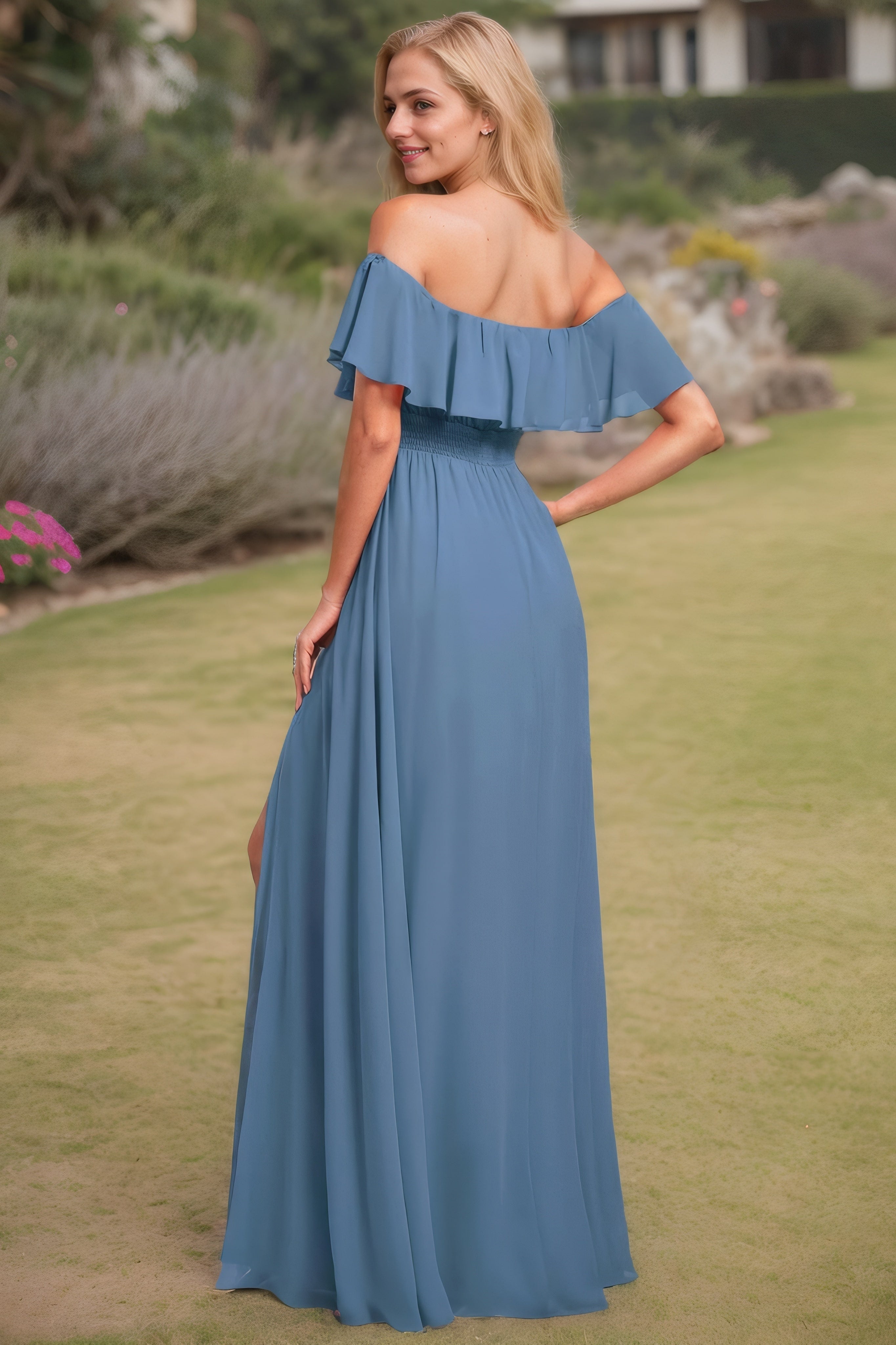 A-Line/Princess Chiffon Ruffles Off-the-Shoulder Short Sleeves Floor-Length Bridesmaid Dresses